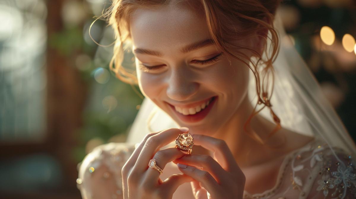 In the foreground, happy actress Alexandra Bortich in a wedding dress admires a gold ring with a huge iridescent diamond. Advertising shot, contour lighting, high definition.