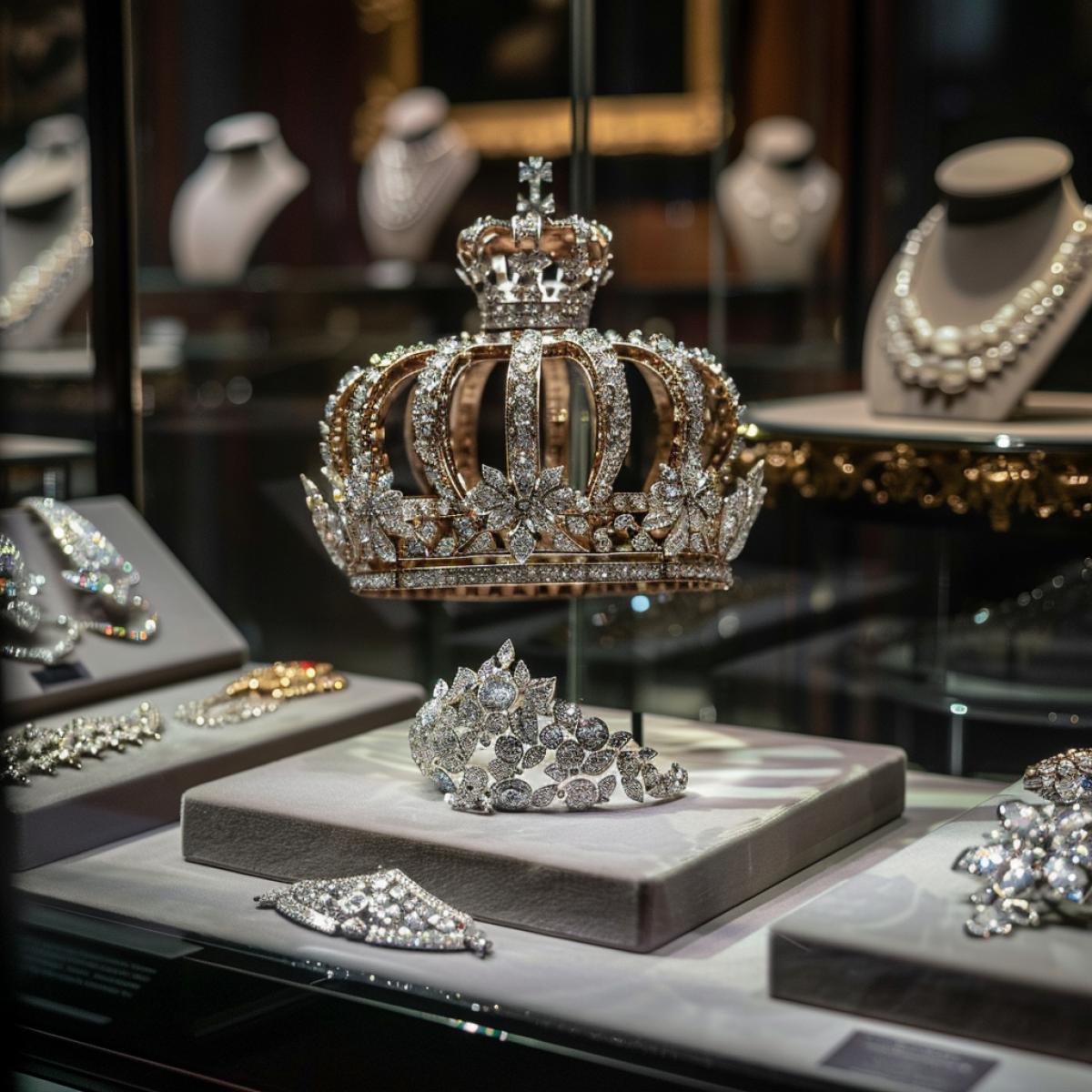 Royal Chamber, Diamond Fund of Russia. Exhibition of jewelry of Russian royalty. The royal crown, the queens diadem, the necklace of Her Imperial Majesty