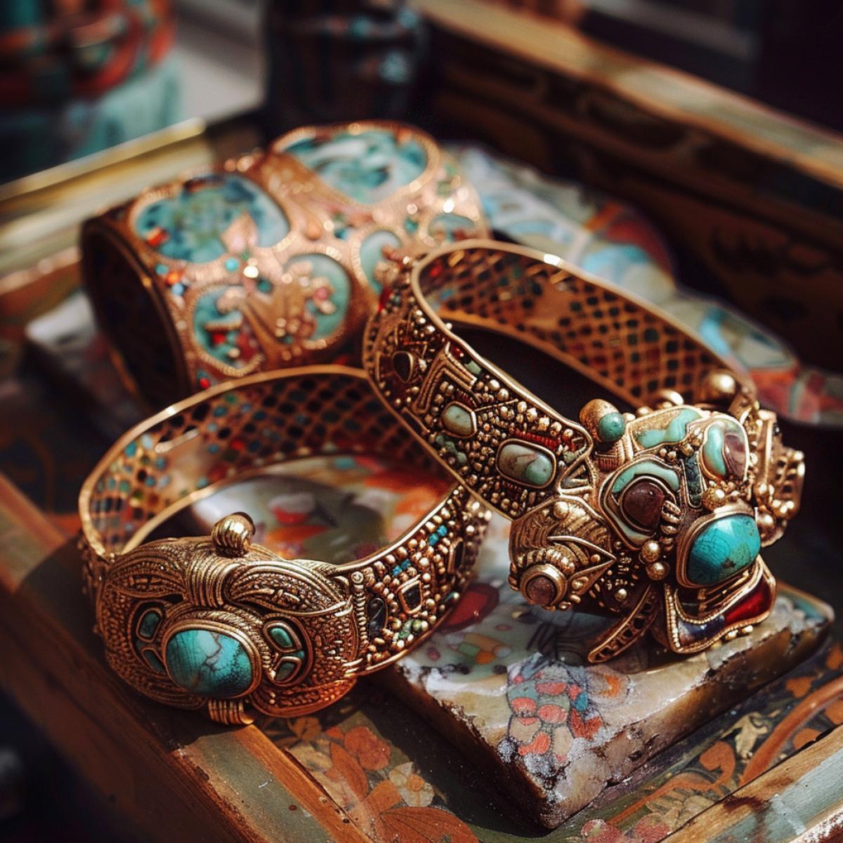 Aztec jewelry. Beauty, sophistication of precious metals, stones, Aztec craftsmanship