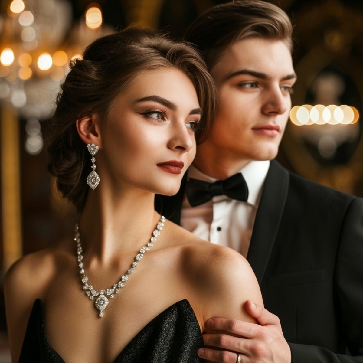 An elegant, slender brown-haired woman, in an evening dress, with a beautiful hairstyle, stands with a man in an elegant dark suit in the foyer of the Bolshoi Theater.. On the neck of a woman of amazing workmanship and beauty is a diamond necklace, on beautiful well-groomed hands with an expensive manicure, elegant small silver rings with small diamonds.