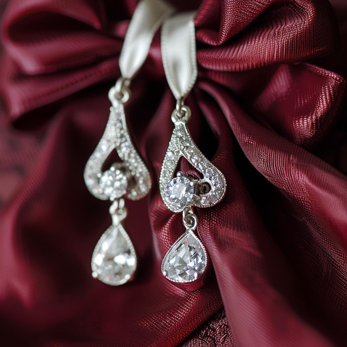 Diamond pendants on a burgundy satin ribbon