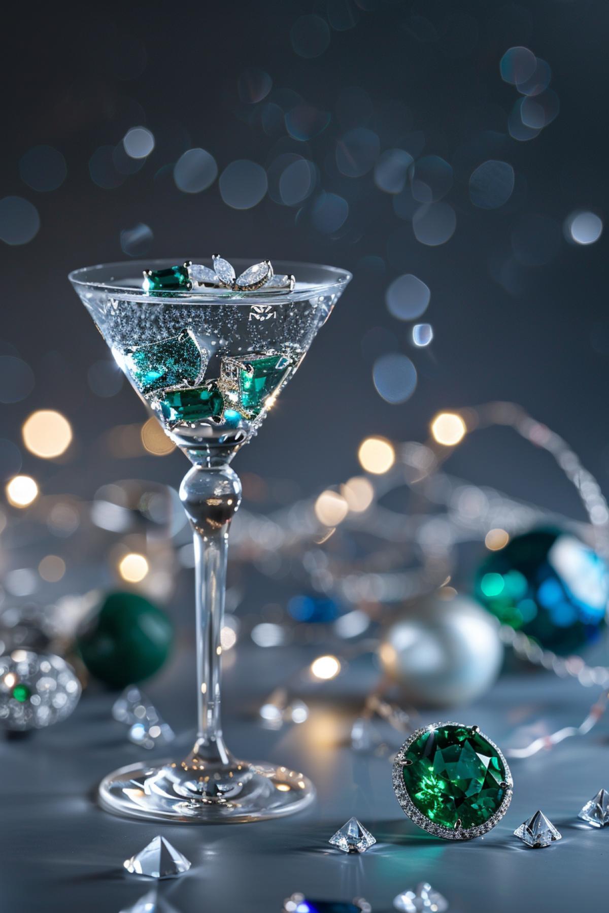 A martini glass with gemstones in it, with several different jewelry pieces placed on the rim of one side. The background is a dark gray and light blue gradient, with a white glowing effect at its edges. In front of the scene stands an emerald ring that shines brightly. This photo was taken using a Canon EOS R5 camera with an RF 80mm F2 lens for sharpness, detail, macro photography, focus, and clarity. The style of the photo is reminiscent of minimalist jewelry photography.