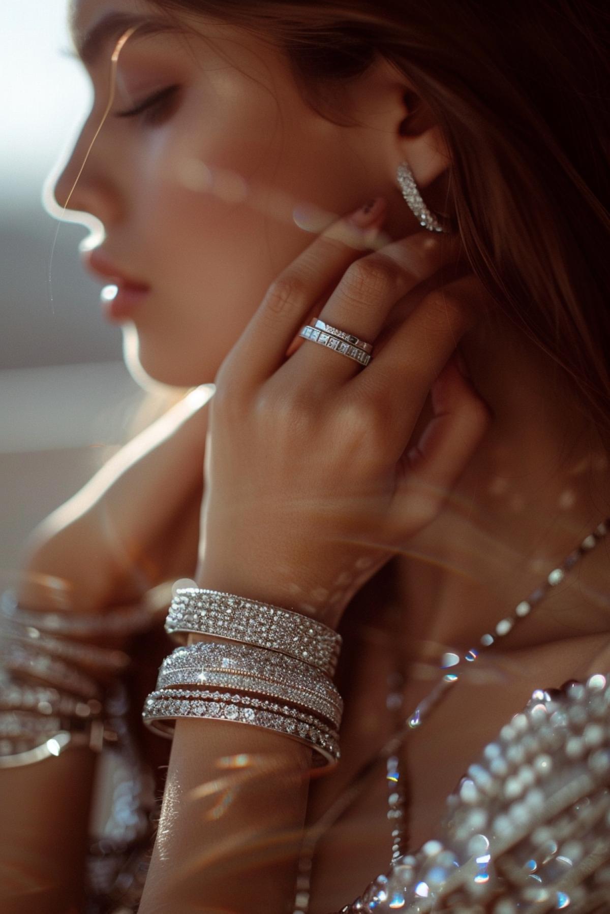 A woman wing silver rings and diamond bracelets, her hand on her with a ring in it, jewelry advertisement, in the style of Tasyan Powers, fashion photography, advertising-inspired, in the style of a Chanel campaign, close up shot, light background, flash photography, soft focus, dreamy atmosphere, high resolution, very detailed, luxury, high end, Vogue editorial.