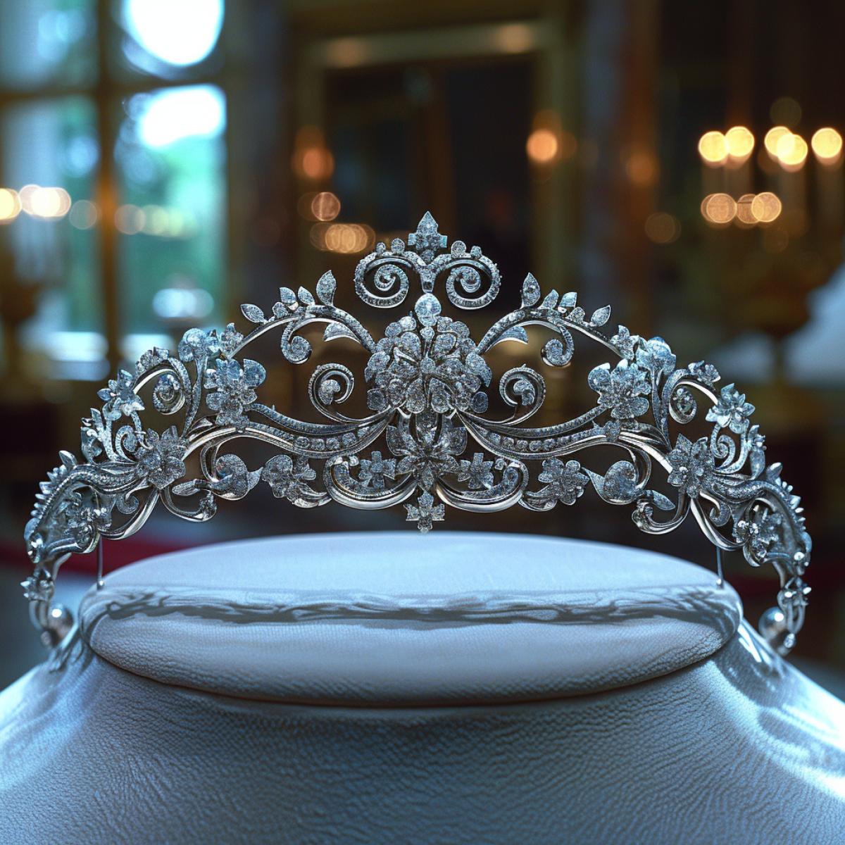 Spencer Tiara. This is a diamond tiara made of gold. The elements of the tiara are curls of flowers and stars. Silver in addition to gold was used in the making of these scrollwork.. The tiara consists of several fragments and received its modern design in 1927, when it was complemented by a diamond brooch given by Lady Sarah Spencer to Lady Cynthia Hamilton for her wedding in 1919. Cynthia, Hamilton by maiden name and Viscountess Althorp by marriage, was the wife of the 7th Earl Spencer and mother of the 8th. She was Diana Spencers grandmother. So the tiara received a new central element and has not changed since that time.. The order for the final design of the tiara was carried out by the craftsmen of the jewelry house Asprey&Co, Ltd. Four more scrolls were added to the main , using diamonds from various Spencer family pieces.. It was the Spencers diamond tiara that became their family wedding tiara.