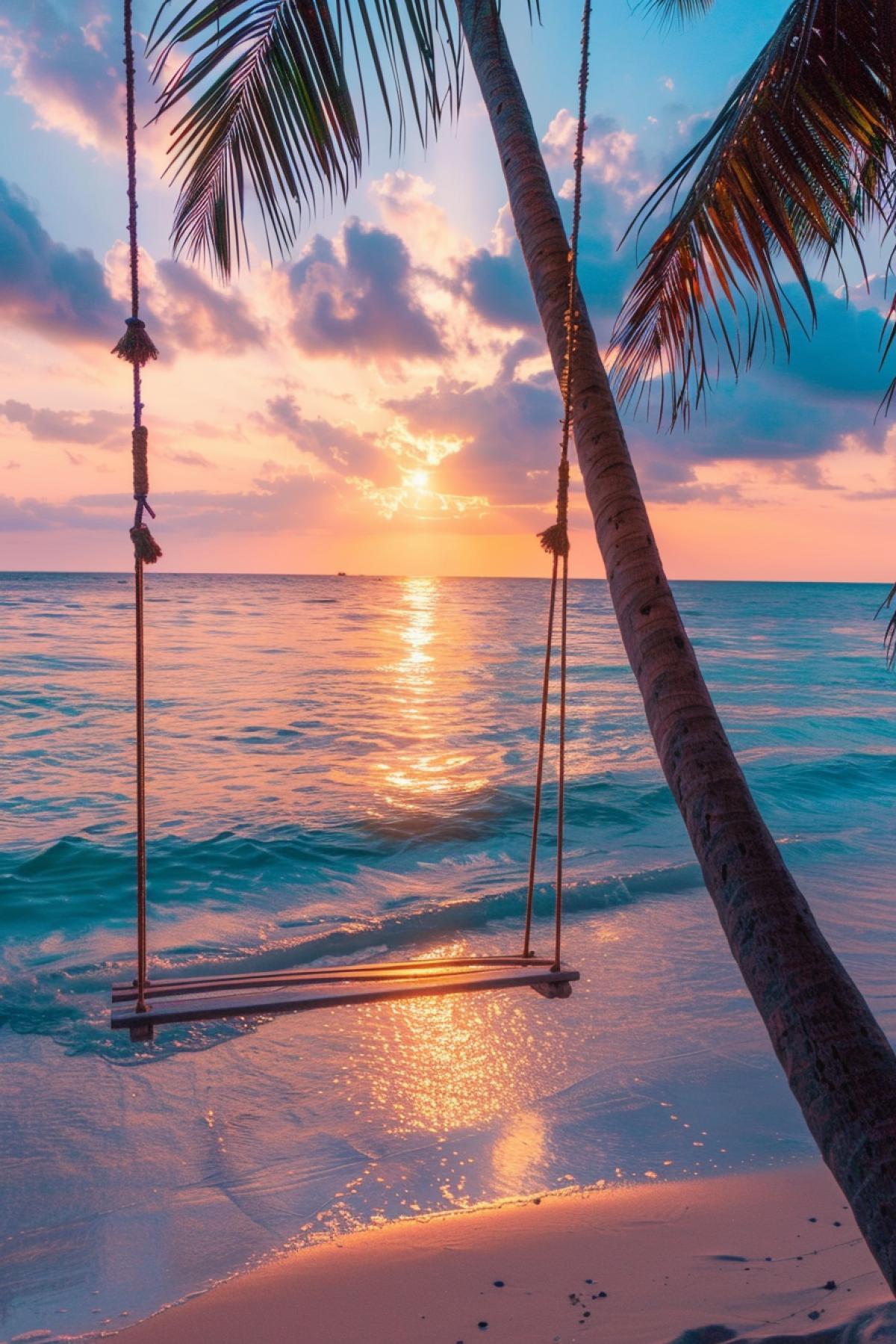 Tropical island, white sand beach, turquoise water, palm trees, tropical flowers, exotic plants, bright sunset, delicate pink-orange hues in the sky, calm sea, light breeze, shadows from palm trees, soft light, horizon, feeling of relaxation, serenity, golden hour, reflection in water, pastel colors, idyllic atmosphere, beach swing, wooden pier.