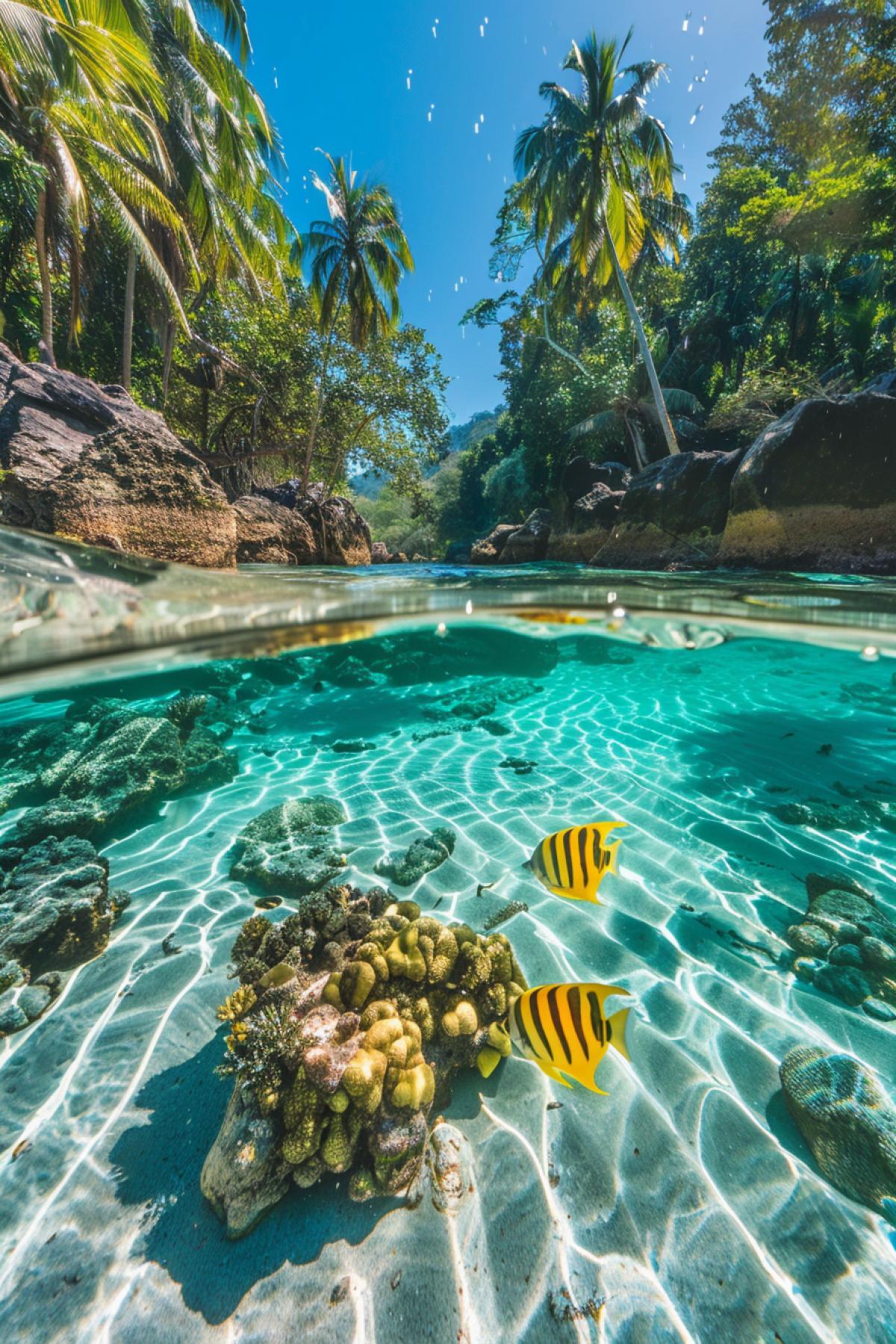 Tropical beach, secluded cove, white sand, crystal clear water, coral reef, colorful fish, underwater world, snorkeling, underwater photography, blue sky, afternoon, bright sun, palm shadows, sense of adventure, detailed textures, reefs, depth water, contrast of bright colors, tranquility, freedom, immersion in nature.