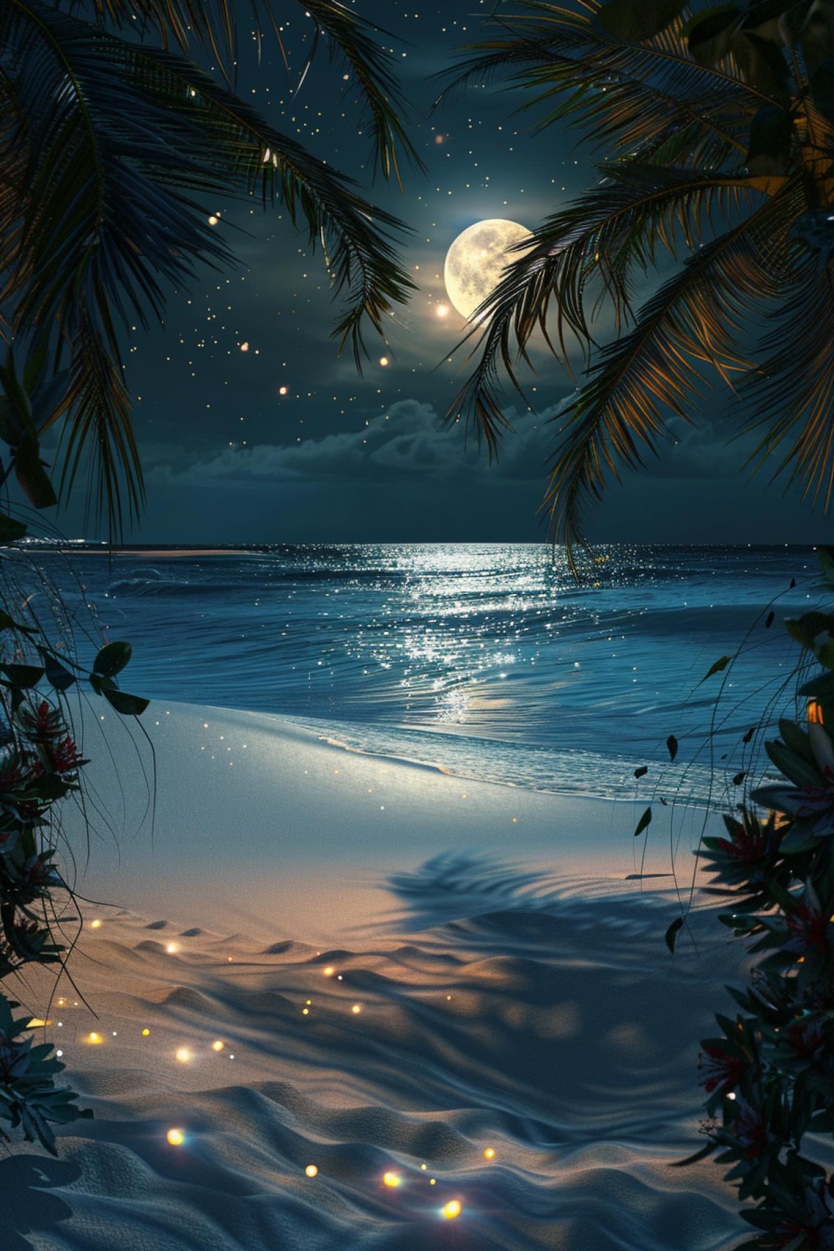 Luxurious tropical island, night beach, white sand, bright stars in the sky, the moon illuminates the turquoise water, palm trees, fireflies among the foliage, exotic flowers, mysterious shadows, light breeze, quiet rustling of waves, golden glow of the moon, tranquility, a sense of solitude, shimmering on water, night magic, an atmosphere of mystery, the magic of nature.