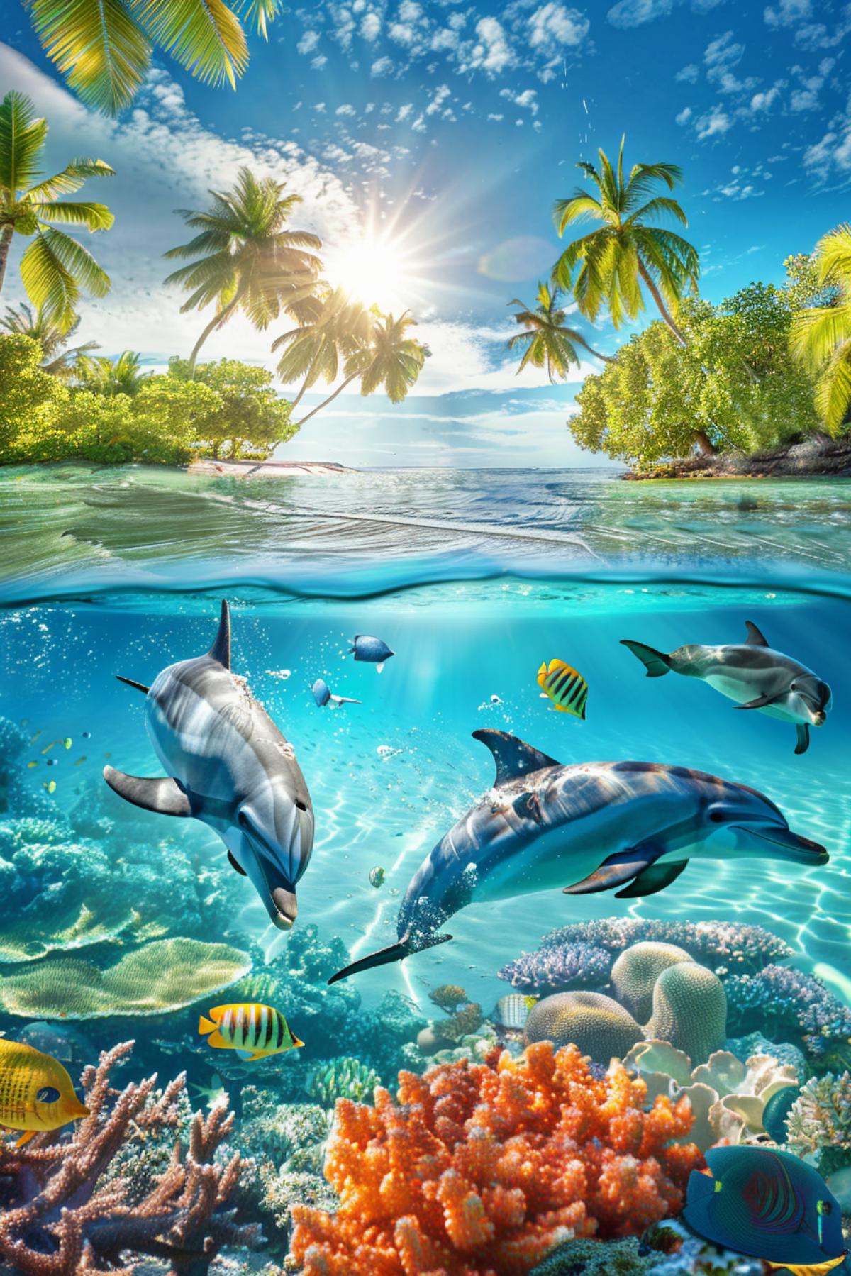 Tropical island, exotic lagoon, turquoise water, underwater world, dolphins jumping out of the water, coral reefs, colorful fish, calm sea, bright sun, palette of blue and green shades, clear water, palm trees on the shore, shadows from the leaves, underwater adventures, fantastic peace, nature in harmony, sun glare, a breathtaking spectacle.