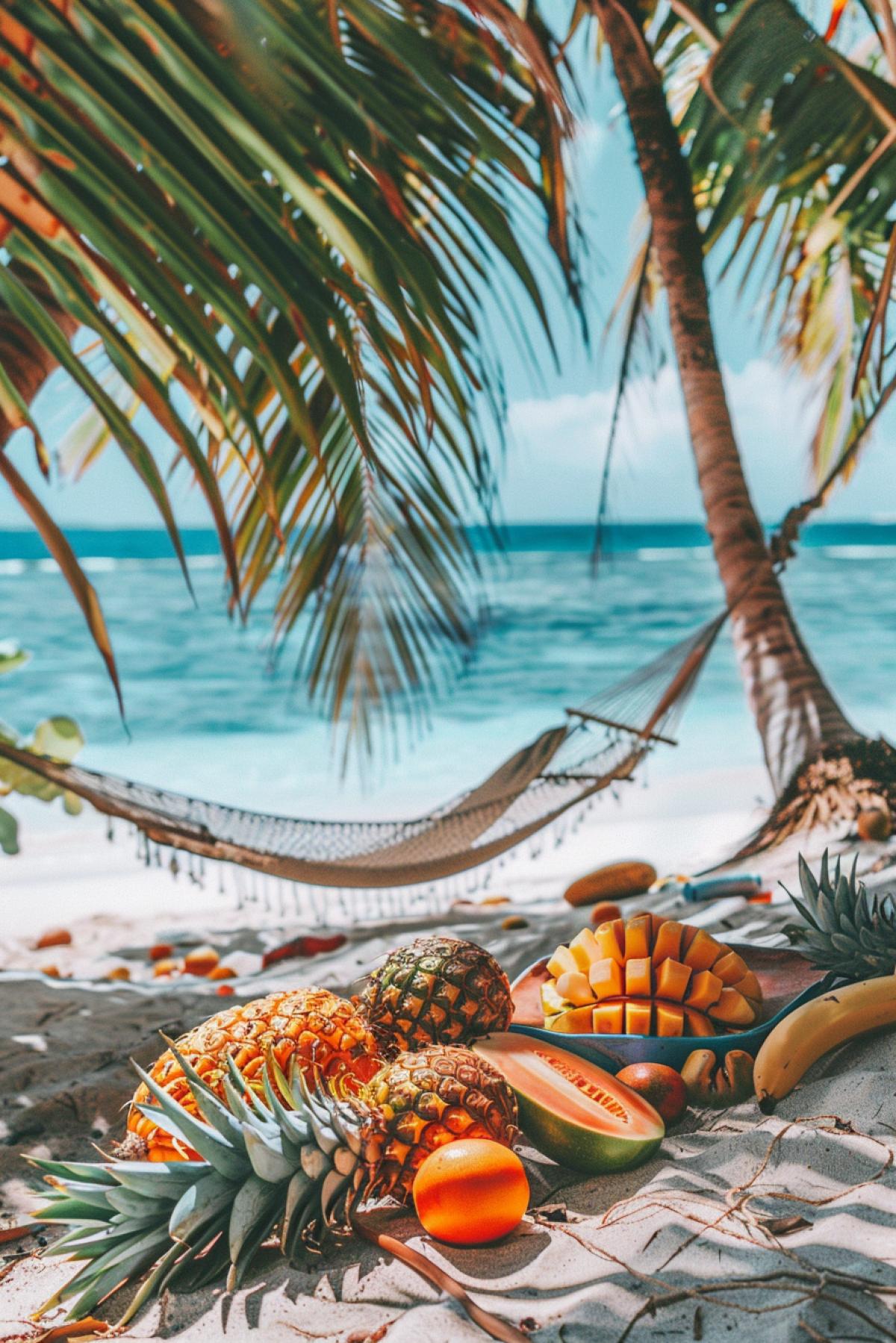 Tropical beach, white sand, turquoise water, hammocks between palm trees, exoticrockettails on the table, tropical fruits, pineapples, mangoes, bright midday light, cheerful company, laughter, summer party, light music, carefree, holiday feeling, colorful details, freshness, brightness, joy, exotic atmosphere, ideal relaxation, heavenly enjoyment.