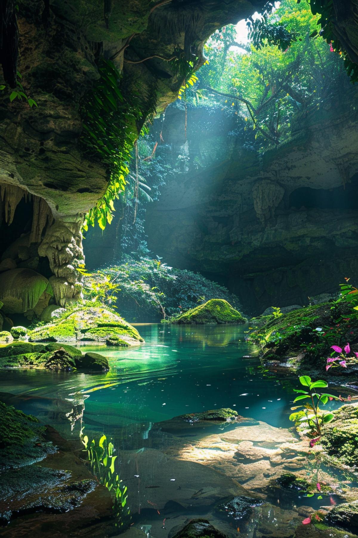 Tropical cave hidden among the dense jungle, the entrance is surrounded by vines and tropical flowers, moss on the stones, warm diffused light breaking through the cracks, a turquoise underground river, stalactites and stalagmites, exotic butterflies, a mysterious atmosphere, a sense of adventure, the quiet rustling of water, deep shadows , magic of nature, mystical beauty, pristine nature.