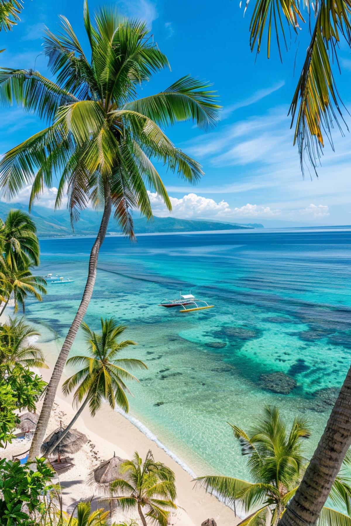 Palm trees, beach, white sand, turquoise water in the ocean on the shore of a colorful resort island