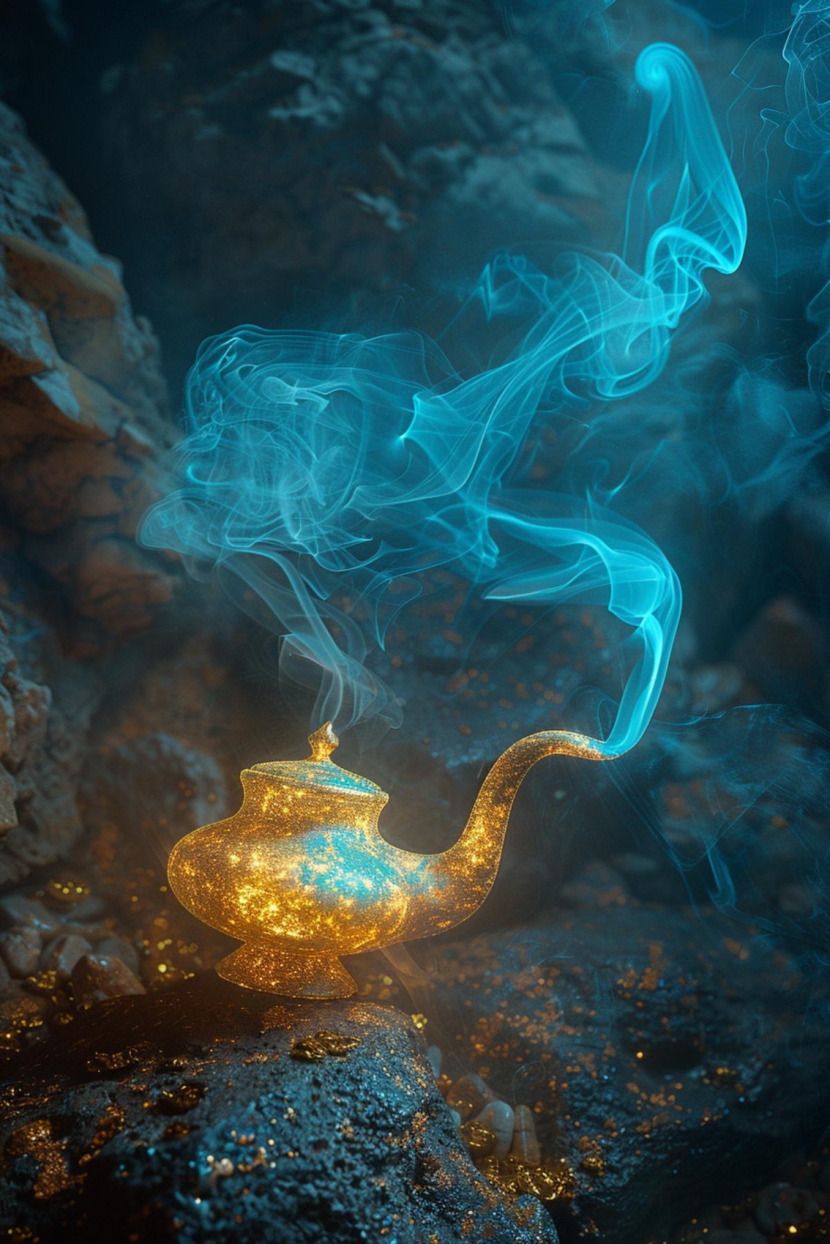 A scene from a fairy tale, a meeting with a genie, a golden lamp, a genie in a cloud of blue smoke, the heros surprised face, magical effects, a mysterious cave, treasures, mountains of gold and precious stones, ancient detaileds, magical glowing patterns, mystical atmosphere, dramatic lighting, dark and light contrasts, a feeling of miracles and magic, a tense moment, oriental magic.