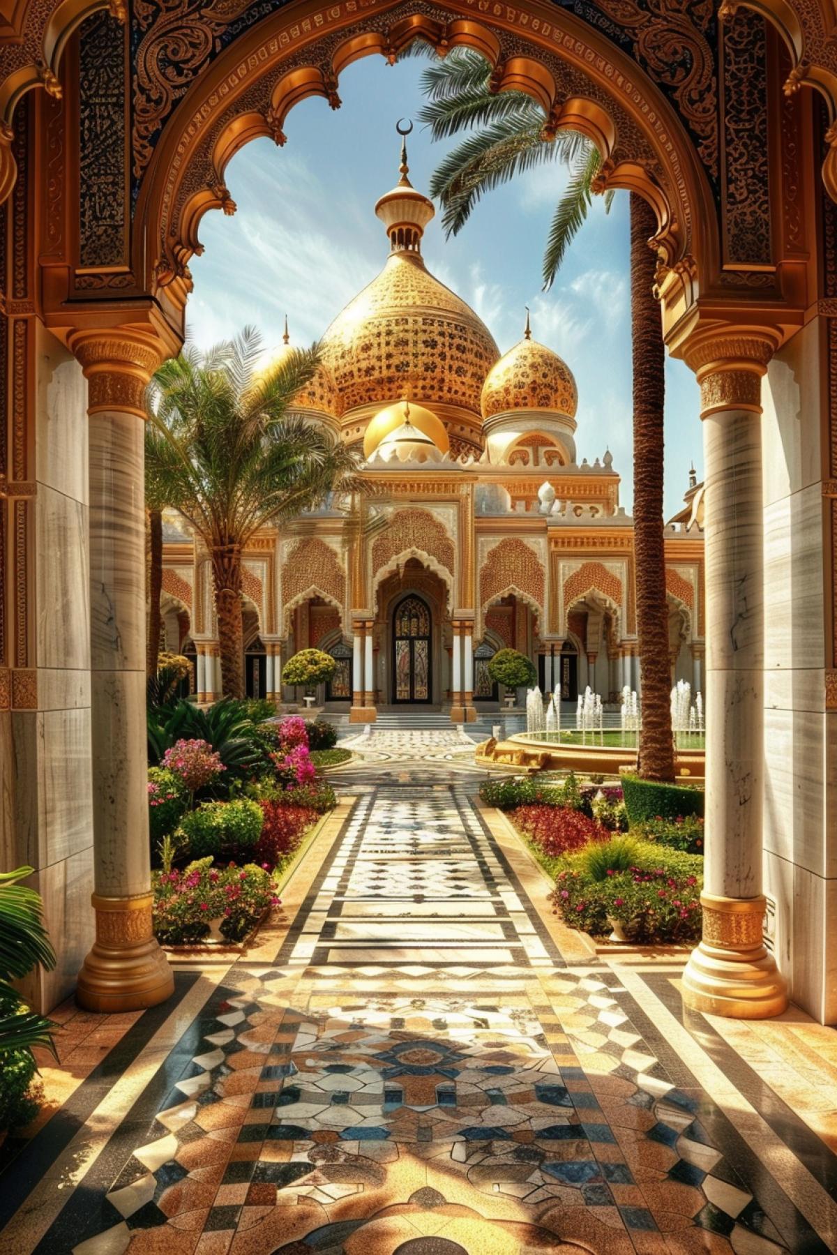 A magnificent palace, rich oriental architecture, mosaic walls, golden domes, high minarets, lush gardens, fountains, exotic plants, peacocks, bright flowers, marble terraces, carved arches, luxurious interiors, warm golden tones, play of light and shadow, a sense of grandeur and luxury, sophisticated patterns, calm atmosphere, evening sunset, oriental fairy tale.