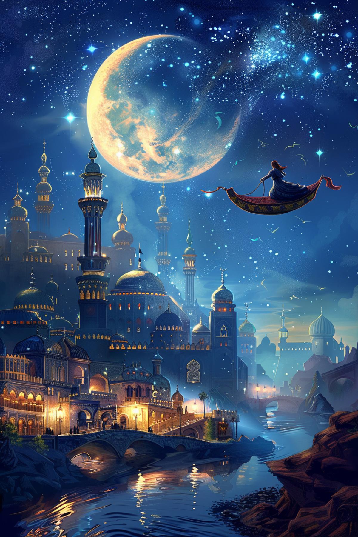 Flying on a magic carpet, clear night sky, many stars, shining moon, heroes on a carpet floating above the city, oriental architecture below, minarets, domes, evening lantern light, calm river, feeling of freedom and adventure, wind blowing hair, soft fabrics , bright colors of the carpet, magical atmosphere, feeling of flight, oriental fairy tale, fantastic landscape.