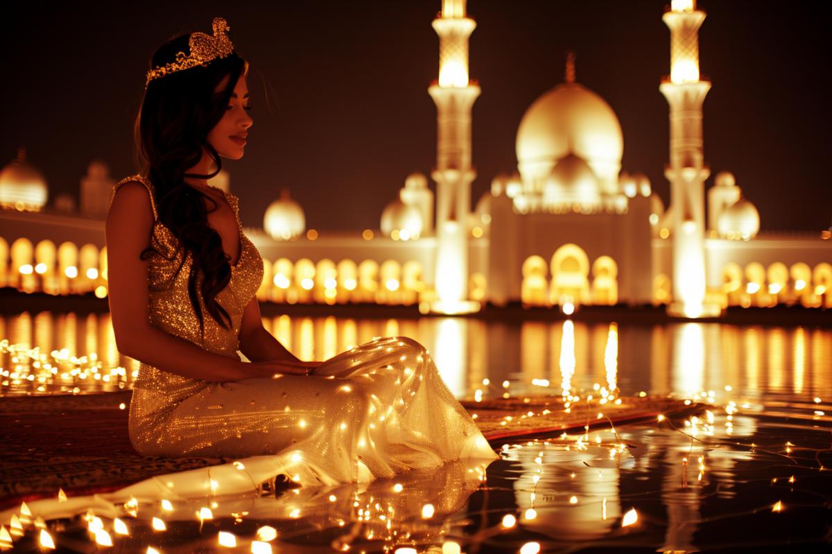 Scheherazade flies on a magic carpet over deserts and Arabian ancient cities, mysteriously.