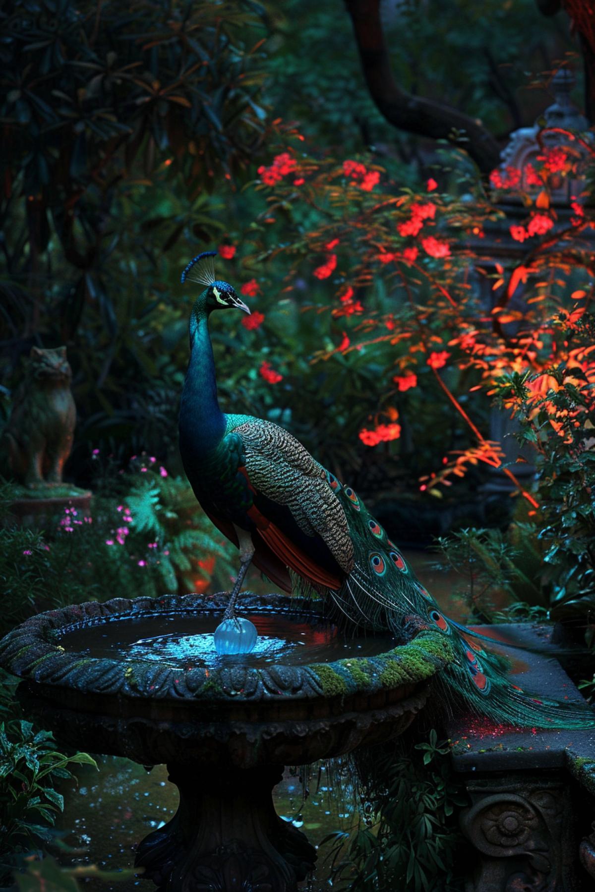 A magical garden hidden behind high walls, a fountain with silver water, exotic plants, huge flowers glowing in the dark, fragrant trees, mystical animals, colorful peacocks, a snake wriggling among the grass, stone benches covered with moss, moonlight, magical creatures, a sense of mystery and wonder, ancient statues, soft night light, colorful details, magical nature.