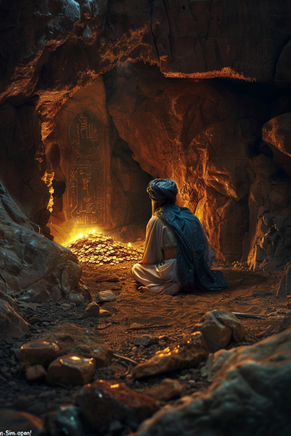 Ali Baba in front of the entrance to a cave hidden among the rocks, the magic words \"Sim-Sim, open!\", the gates of the cave open, mountains of treasures inside, gold coins, precious stones, flickering light, robbers in the distance, tense atmosphere, ancient detaileds, exotic decorations, mysterious symbols on the walls, a sense of wonder and danger, magical powers, ancient legends.