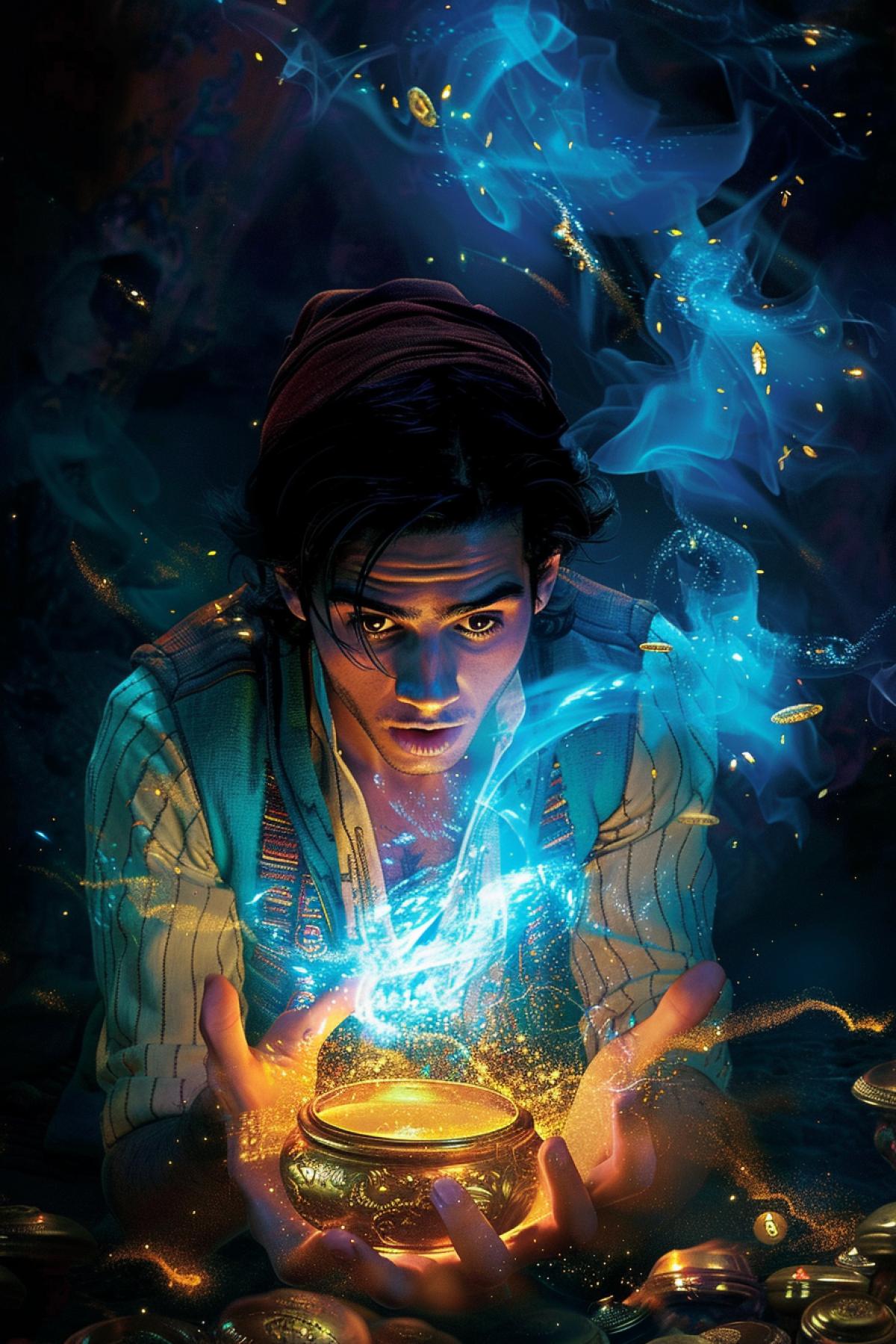Aladdin stumbling upon a magic lamp in the cave of wonders, dark cave, shimmering golden treasures, genie bursting out of the lamp in a cloud of blue smoke, surprise and fear on Aladdins face, glowing magic symbols, shining gems, mystical light, deep shadows, tense moment , magic and enchantment, a sense of magic and adventure, ancient legends of the East.