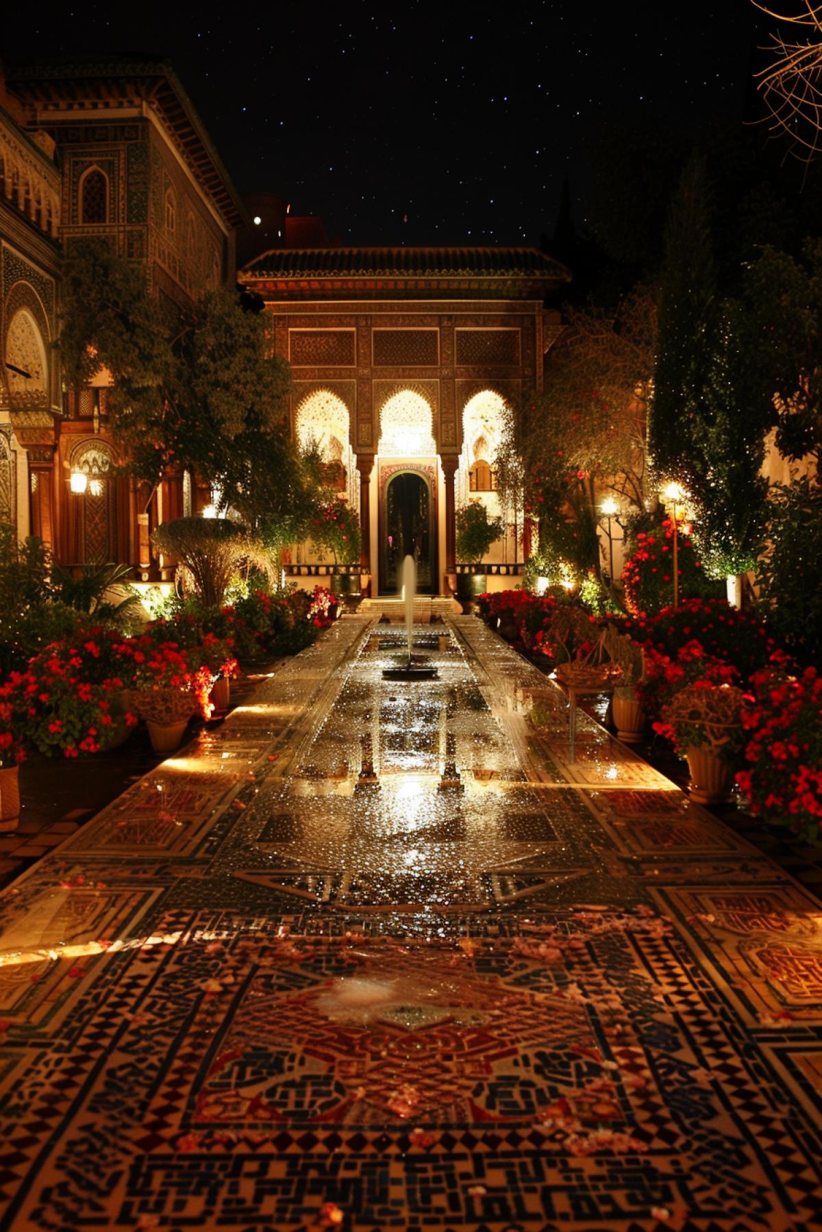 Scheherazades Palace, luxurious halls with mosaic floors, fountains with crystal clear water, walls decorated with precious stones, peacocks walking around the gardens, a night sky strewn with stars, soft light from lanterns, fragrant flowers, silk curtains, a storyteller enthusiastically telling stories, listeners with heart-stopping, magic words, ancient legends, magical atmosphere.