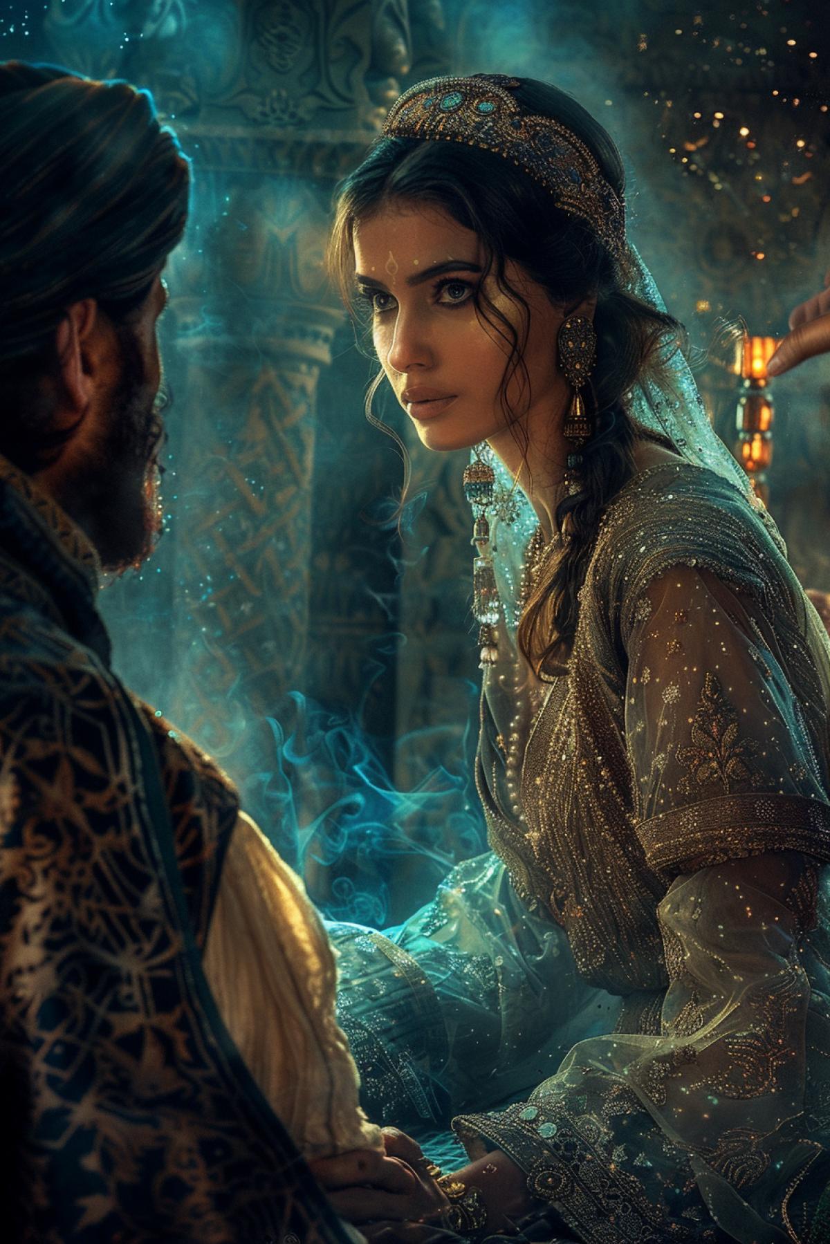 a very beautiful woman of Arab appearance tells fairy tales to a man, Sultanuu, Fairytale world, flickering, realistic image, magic, mysticism, Photoshop. in the style of the fairy tale One Thousand and One Nights