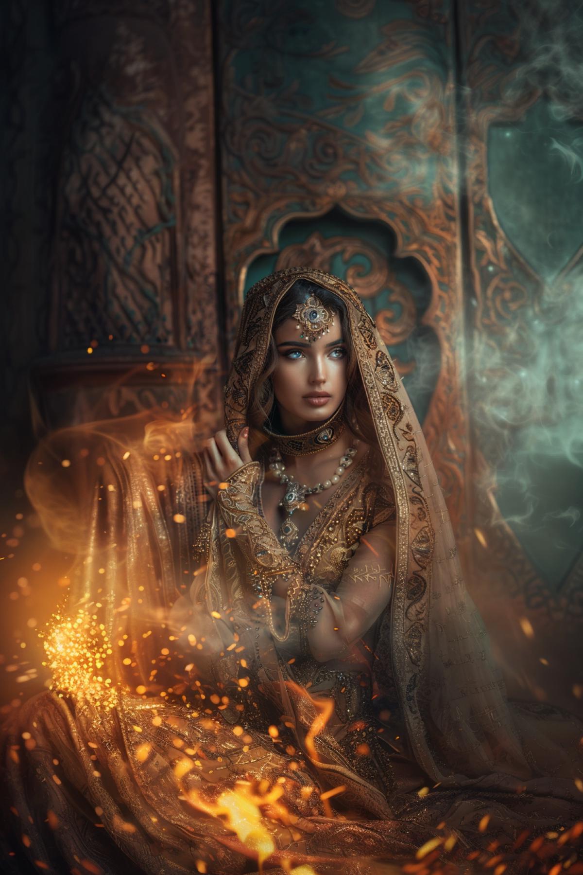 very beautiful woman of Arab appearance in beautiful clothes tell fairy tales to the Sultan, Fairytale world, flickering, realistic image, magic, mysticism, Photoshop. in the style of the fairy tale One Thousand and One Nights