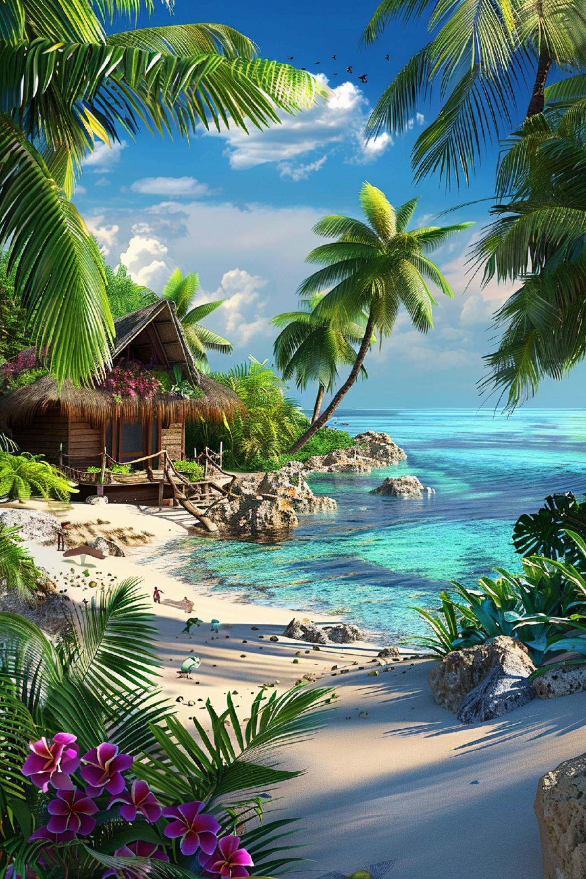 Create images that capture the beauty and exoticism of tropical islands. Imagine vibrant white sand beaches, crystal clear turquoise water, lush vegetation and exotic plants. Depict palm trees, tropical flowers, unusual animals and birds, bright sunsets and sunrises. It is important to convey the feeling of relaxation and tranquility that comes from being in such a heavenly place.