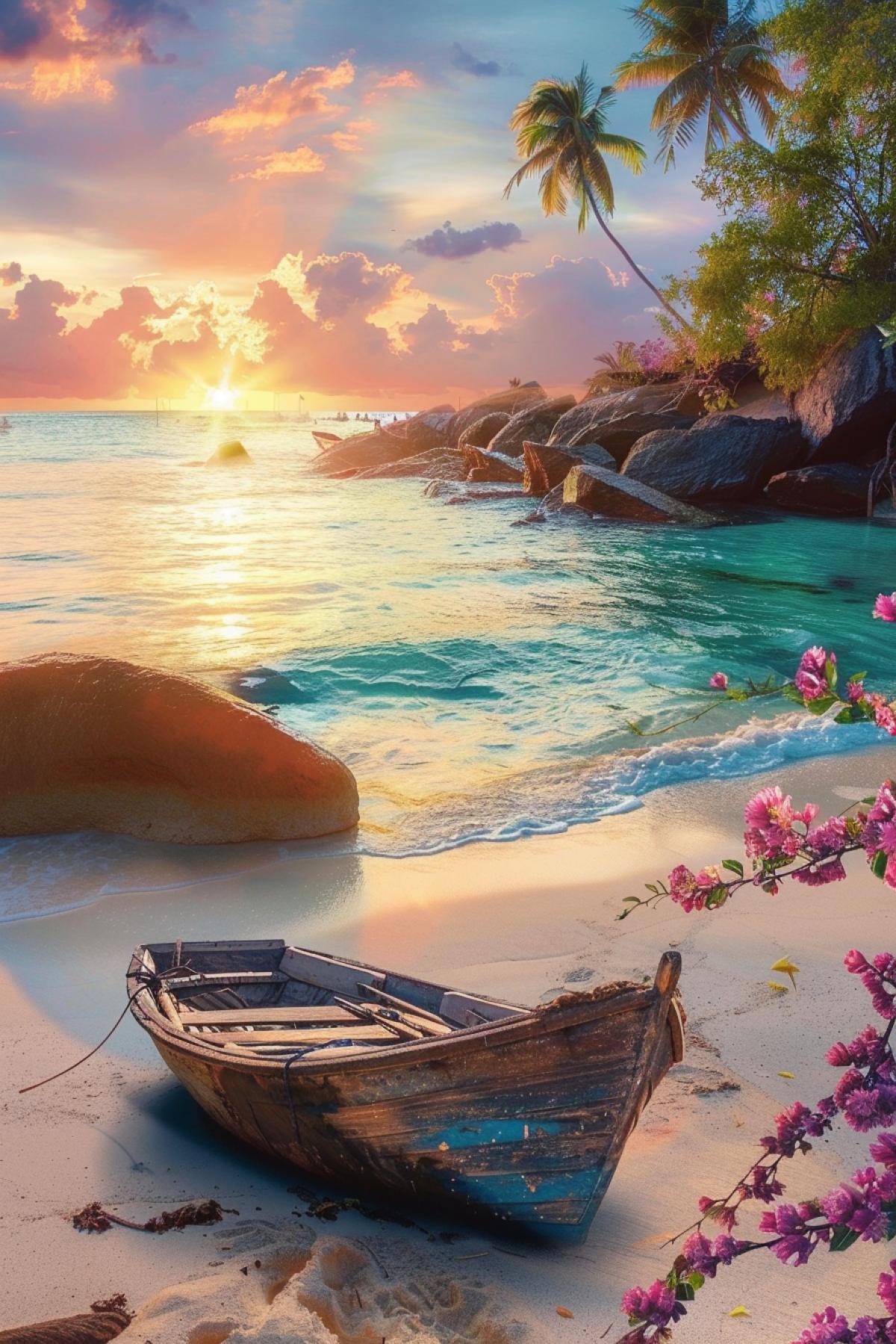 Beach on a tropical island, white sand, turquoise water, bright sunset, huge rocks in the sea, tropical flowers, coconut trees, wooden boat on the shore, exotic birds, colorful parrots, fishermen in the distance, sand texture, soft light, sunset colors, dramatic sky , romance, sense of adventure, picturesque picture, paradise.