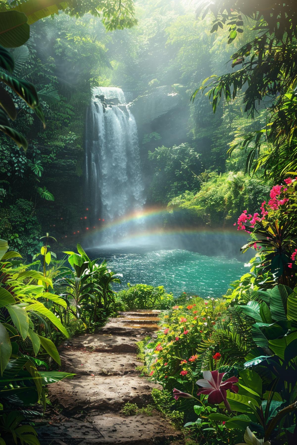 Tropical waterfall, a path among dense greenery leads to a turquoise lake below, the waterfall is surrounded by lush vegetation, tropical flowers of all shades, bright orchids and hibiscus, the suns rays breaking through the foliage, a rainbow in the splashes of water, soft light, the sound of falling water, freshness, exotic birds on the branches, bright feathers, heavenly place, tranquility, idyllic picture, feeling of solitude, wild nature.