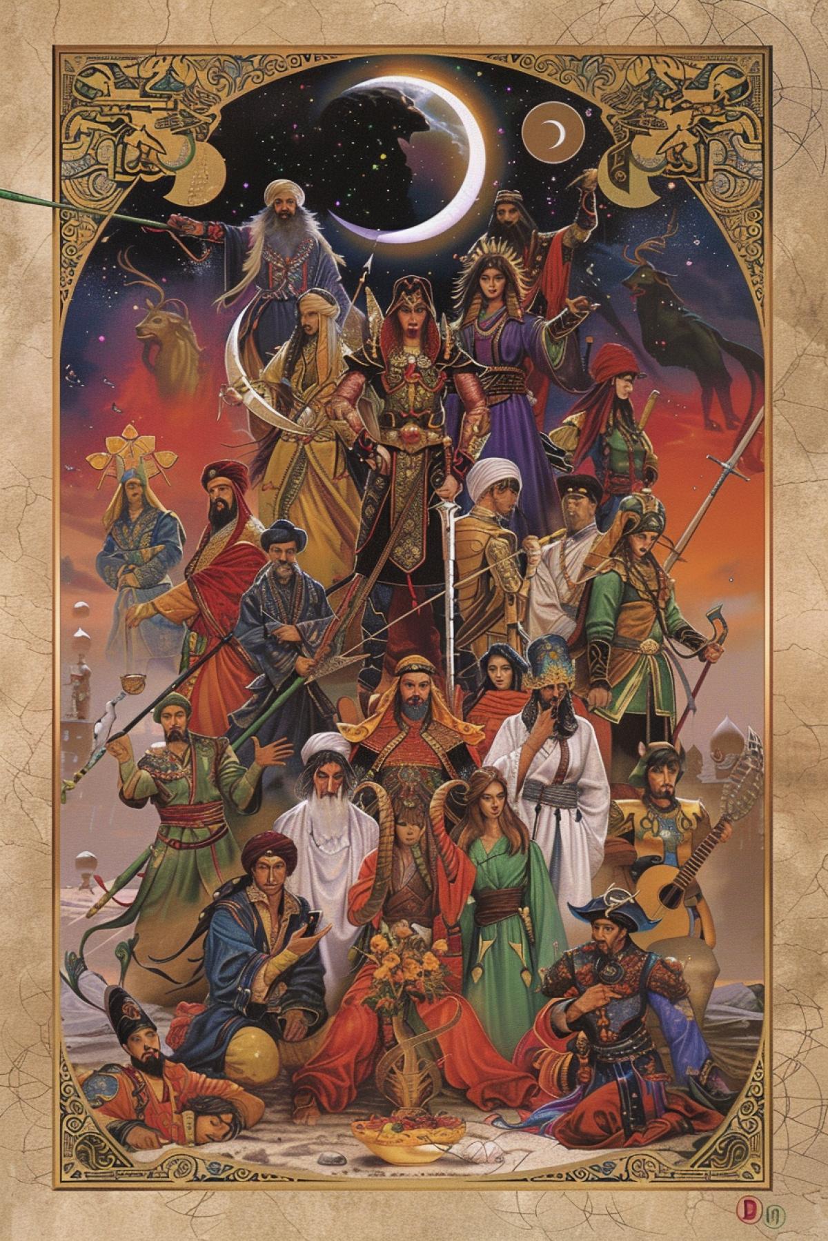 Heroes from the tales of Scheherazade 1000 and one night in one portrait