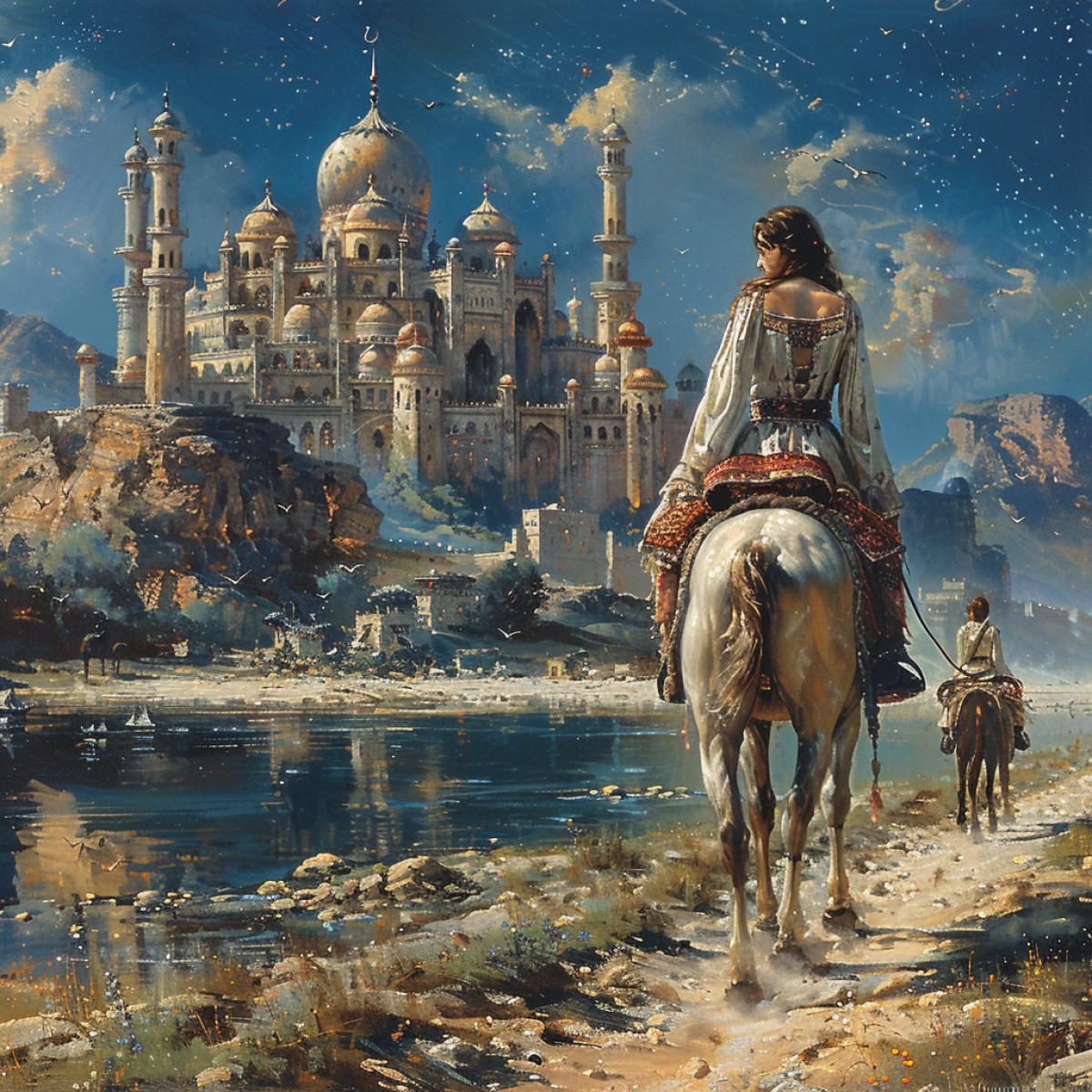 Though cunning and cruel,. But the east is beautiful. Sharpen your blade and go. Let the carpet fly away from your worries. To the east, where the fairy tale calls. Chorus: Arabian night, magical east. Here are enchantments and revenge, courage and honor, palaces and sand.. O marvelous east, o fabulous land. Here poison and damask steel promise death. Be careful not to yawn.