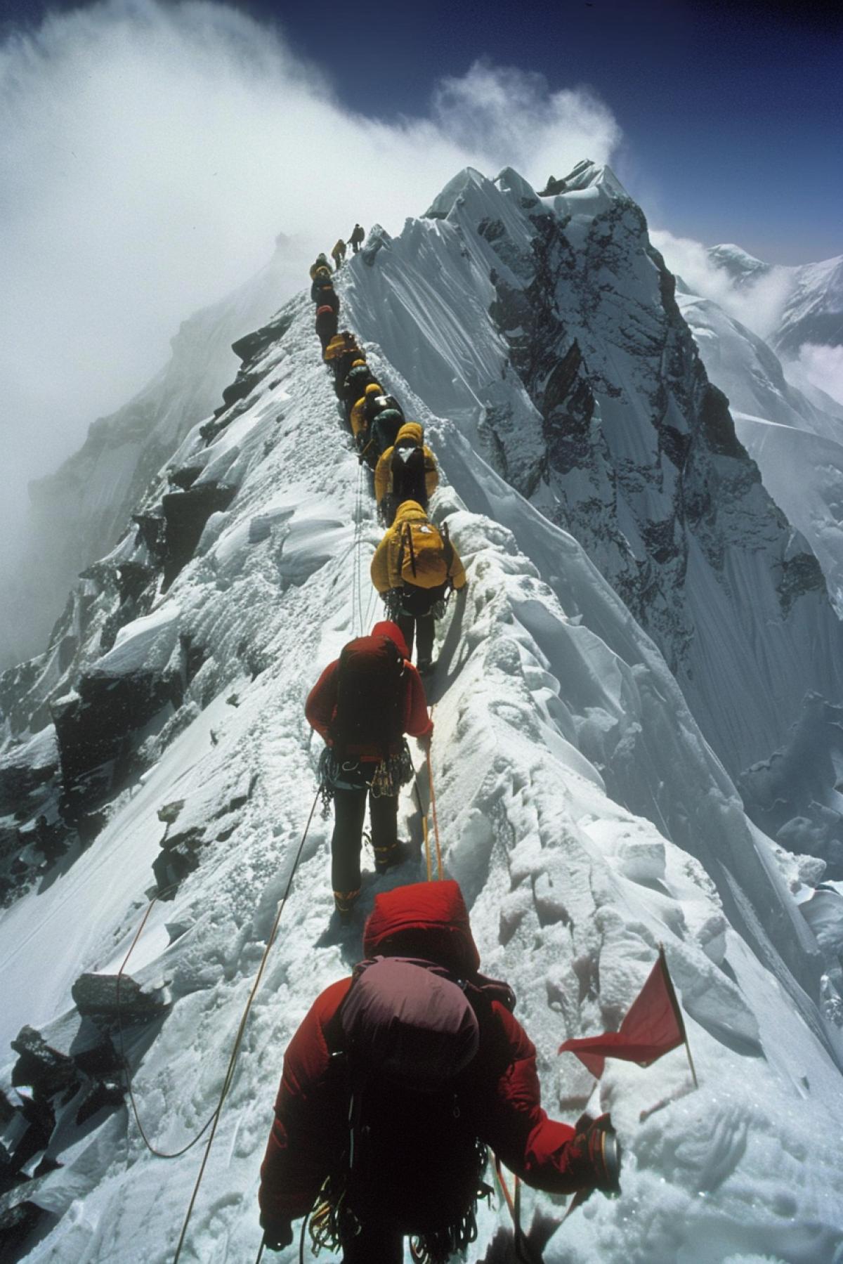 Brave climbers on the steep slope of Everest, surrounded by majestic glaciers, rugged snowy peaks around, bright morning sun blinding the snow, clouds underfoot, pennants fluttering in the wind, determined faces, climbing equipment, ropes, ice axes, a sense of height and danger, the spirit of adventure, teamwork, the rugged beauty of nature, the drive to the top.