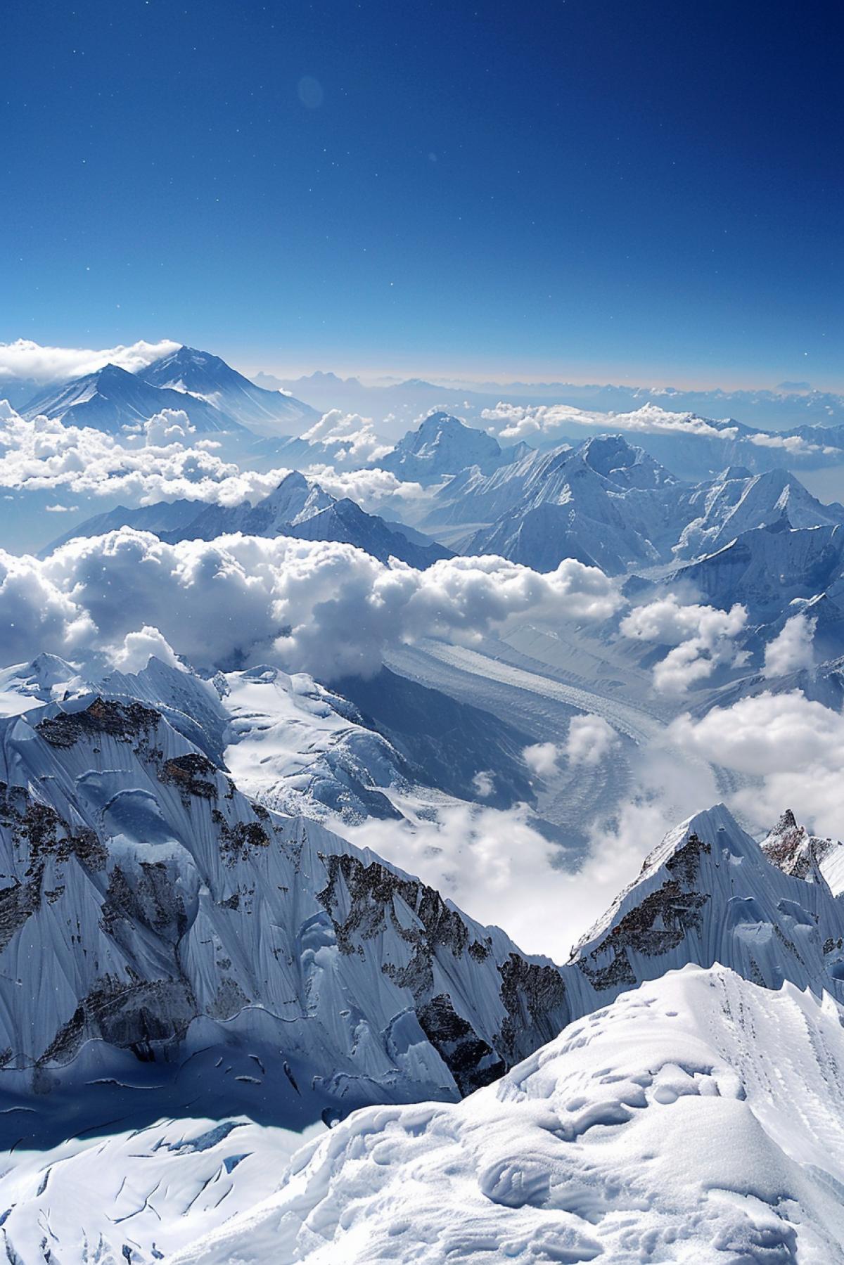 Panoramic view from the top of Everest, endless mountain ranges, sparkling glaciers, clouds creeping across the valleys, cold wind, horizon with shades of blue and white, rugged and majestic nature, footprints in the snow, colorful prayer flags, a sense of triumph and achievement, a sense of infinity, the power of the mountains, peace and quiet, purity of nature, inspiration and conquering the impossible.