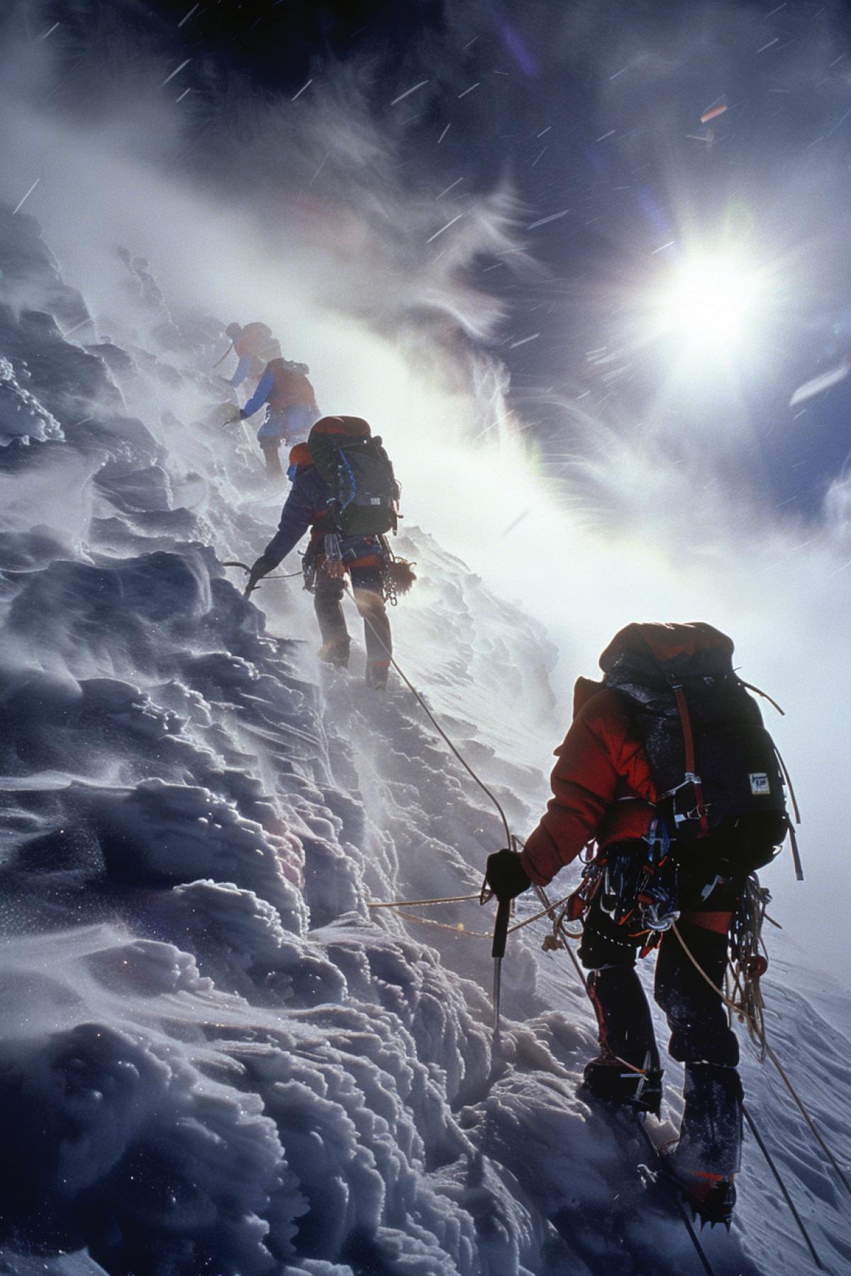 The assault on the summit of Everest, the last meters to the goal, strong winds whipping up whirlwinds of snow, climbers clinging to the icy slope, the sun breaking through the clouds, tension and concentration, snow sparkling in the light, deep cracks and icy cliffs, a feeling of extreme effort, hope and fear, a natural element, a grandiose achievement, a moment of triumph, victory over oneself.