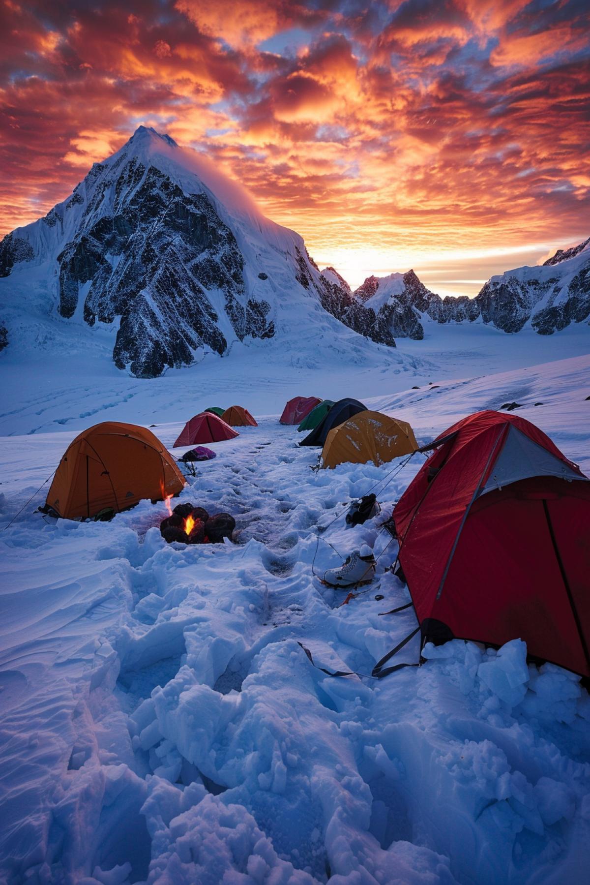 Mountaineers camp on a high pass, tents dug into the snow, a fire warming frozen people, equipment and backpacks, stern faces, fatigue and determination, sunset colors on the horizon, icy peaks sharply contrasting with the orange sky, cold and power, nature in its own way greatness, camaraderie and support, a sense of challenge, readiness for the final ascent.