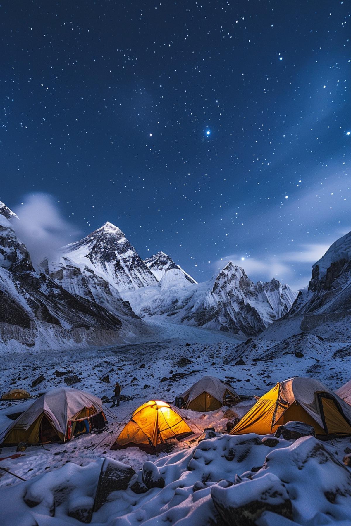 Night camp of climbers on Everest, starry sky, full moon illuminates the snowy peaks, tents covered with snow, ice axes and ropes nearby, light from flashlights, warm light from a fire, climbers in warm jackets sitting around the fire, steam from breathing in the cold air, foreground tents and climbers, middle ground mountain slopes, background starry sky and peaks, atmosphere of calm and preparation, grandeur and beauty of nature, silence of the night, anticipation of a new day.