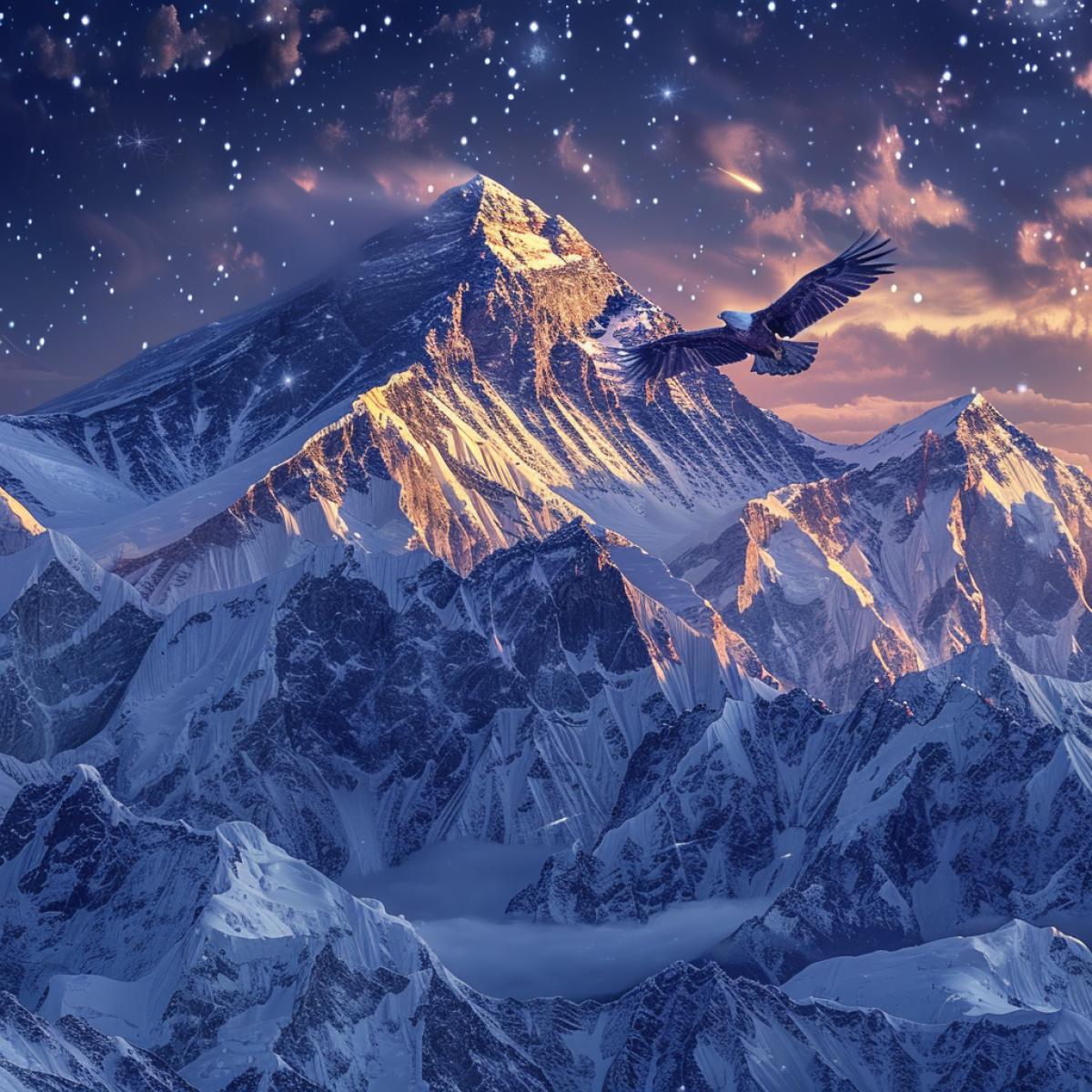 Everest, a huge, proud espalin. Few people can curb and conquer this giant. Everest is magnificent on a quiet starry night when the shine of stars and snow plays in unison.. Despite its greatness, Everest is beautiful and huge eagles fly around it