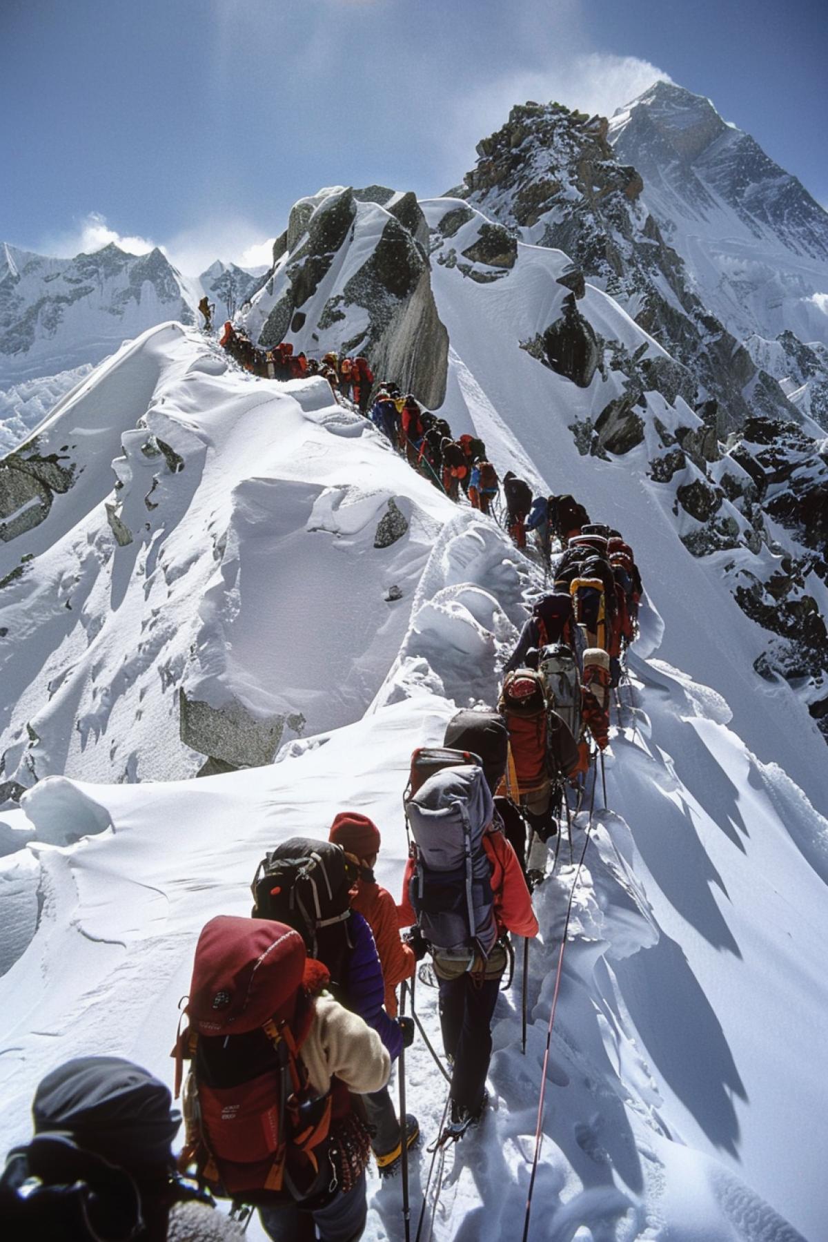 Tourists climbing Mount Everest