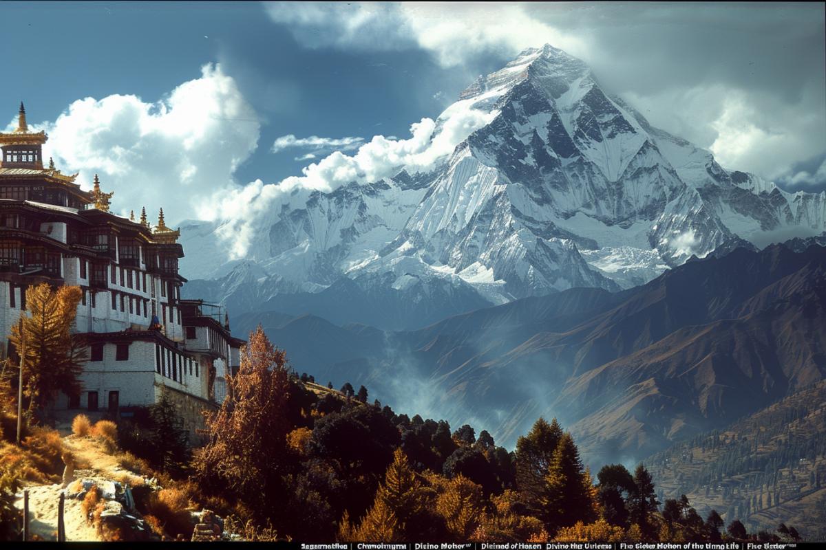 Chomolungma, aka Sagarmatha. Nepalese \"Sagarmatha\" and Tibetan \"Chomolungma\" (as well as Chinese 圣母峰) are translated similarly as \"Divine Mother\" (There are options for translating the Nepali name as \"Forehead of Heaven\").. Tibetans call this peak Jomolangma (Tib.: ཇོ་མོ་གླང་མ jomo glangma), which translated means \"Divine Mother of the Universe\". In the Rongpu Monastery, located near the foot of the mountain, beautiful scriptures have been preserved, which indicate that the name of Mount Qomolangma was given in honor of the goddess Miyo Langsangma, who resides at its peak and slopes.. Miyo Langsangma is one of the \"Five Sisters of Long Life\" (Tib.: ཚེ་རིང་མཆེད་ལྔ tsering mched lnga). She sits on a tiger, holding a bowl of blessed food in her right hand and a mongoose in her left.