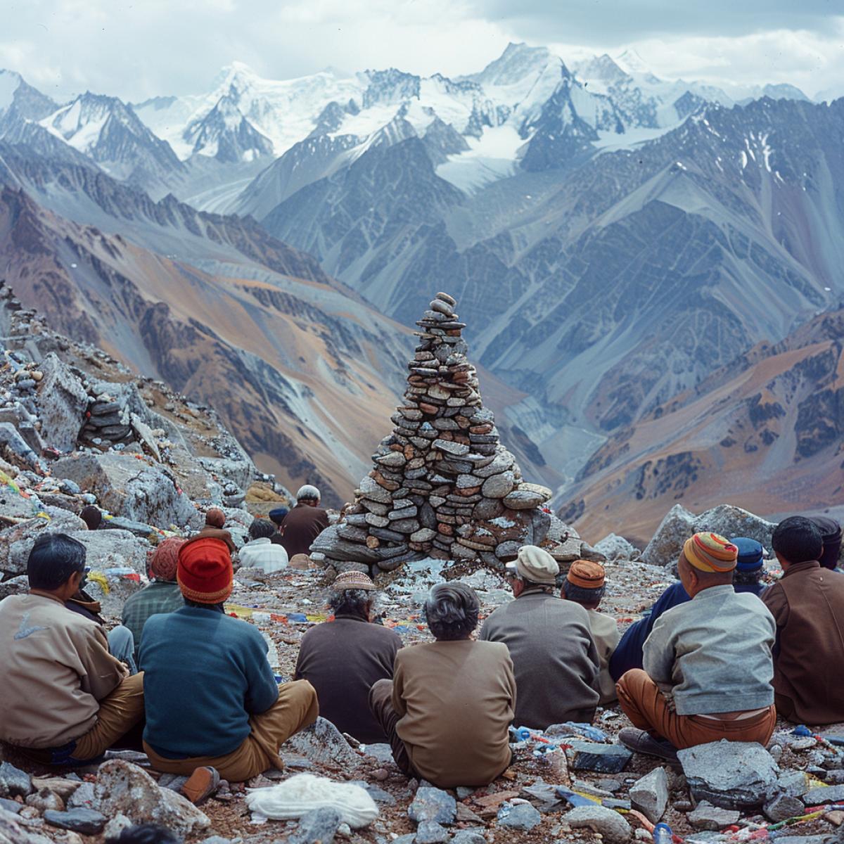 Chomolungma. Before heading to the summit, climbers must seek protection from the mountain gods in a traditional Puja ceremony performed at base camp by a Buddhist lama and two or more monks.. The ceremony begins with the construction of a cairn and the hanging of prayer flags, after which offerings are made to the gods, equipment is blessed, and handfuls of rice and flour are thrown into the air.