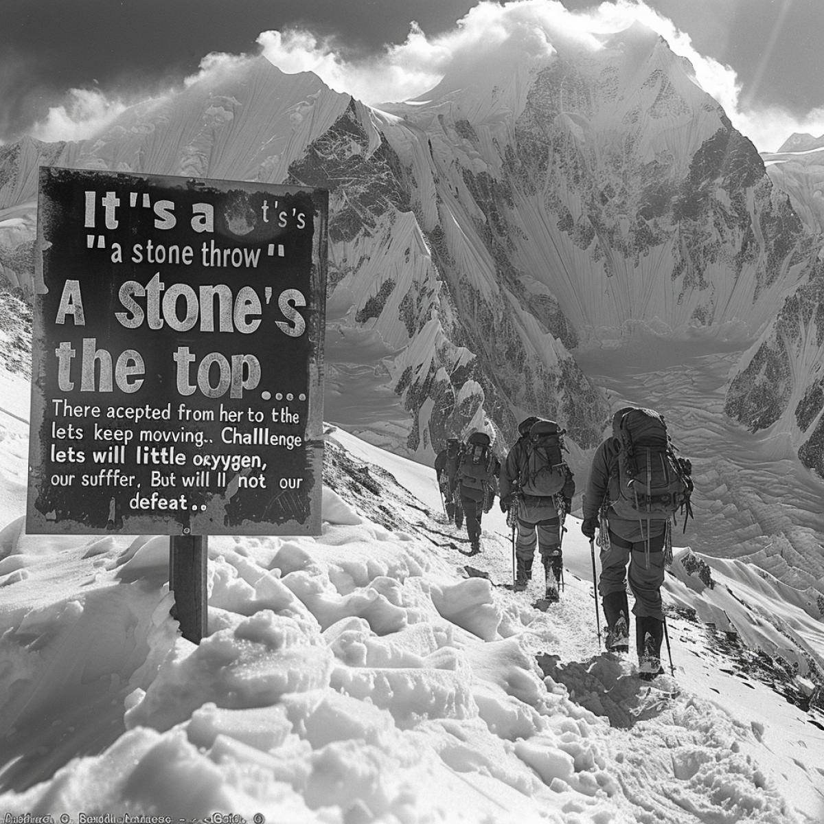 The goal is close, and the top is like a powerful magnet.. There are ominous signs along the way:. The peak stores many bodies of climbers.. The chances of survival are slim and shaky.. The brave men broke the seal of silence,. The group reached the point of return.. The leader demanded that the descent begin without a hitch,. But the path to the peak beckons, it is short.. \"It’s a stone’s throw from here to the top.... Challenge accepted, lets keep moving,. There is little oxygen, we will suffer,. But we will not accept our defeat.\". Hands fly like a bird, covering the whole world!. Everest, we have conquered you!. And the ether of delight flows through the veins,. Souls soared higher than the peaks!... The main camp lives, but the communication is silent,. The curves of the snowy slopes are deserted.. They waited for the group in vain, languishing in doubt.. Everest does not forgive mistakes