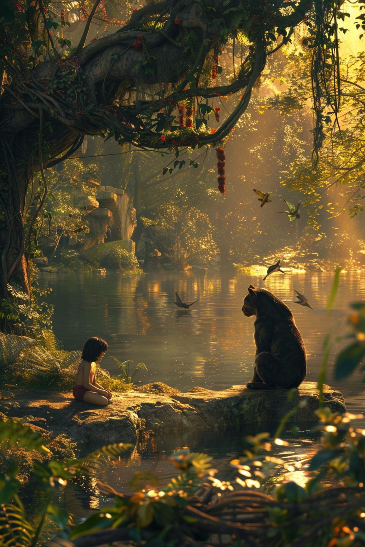 Photo, The meeting place of Mowgli and Bagheera near the river bank, calm water reflects the greenery of the jungle, Mowgli is sitting on a stone, next to him Bagheera is watching the boy, large trees and vines hang over the water, bright tropical birds on the branches, the golden light of the sunset colors the scene in warm colors, foreground stones and water, middle ground Mowgli and Bagheera, background dense trees and sunset, an atmosphere of friendship and trust, a feeling of calm and security.