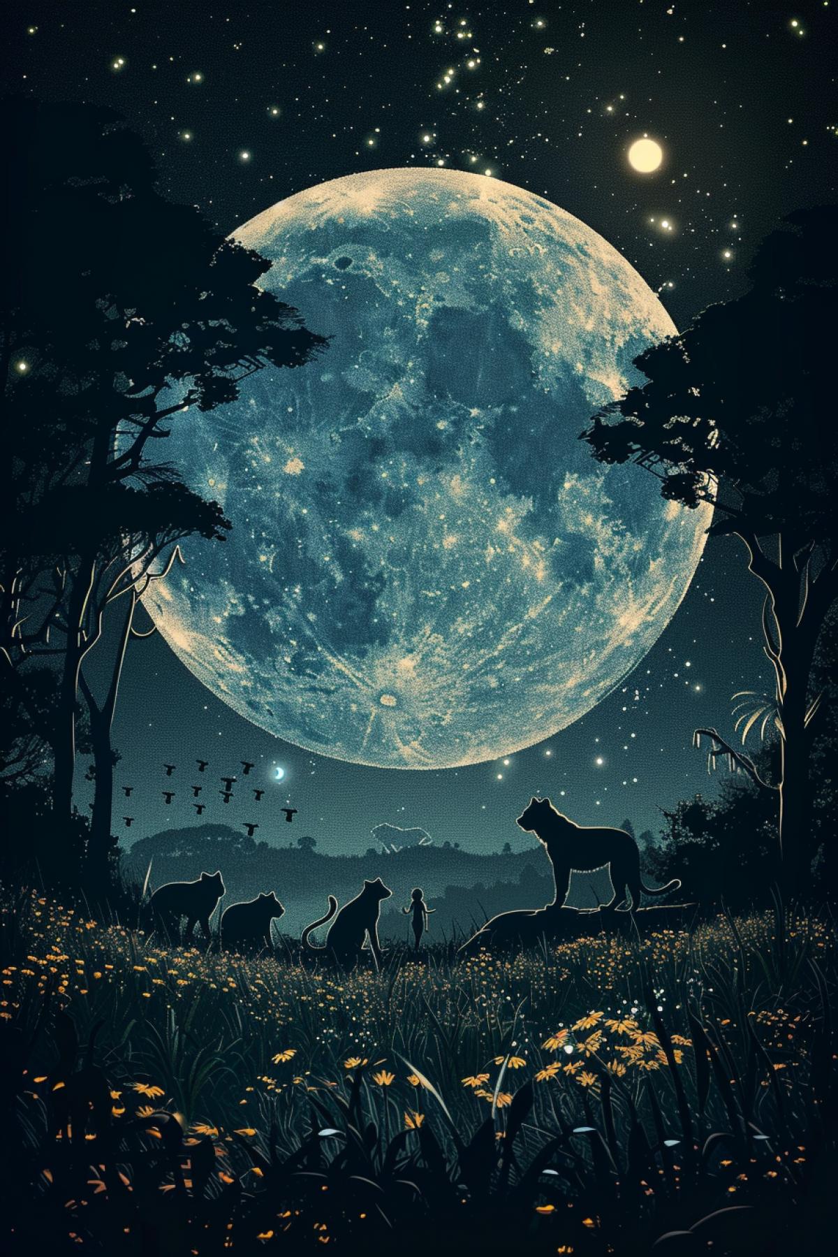 Photo, Jungle Council at night, the full moon illuminates a clearing where animals are gathered wolves, panthers, bears, tigers, Mowgli stands in the center, illuminated by moonlight, tall trees create a natural circle, fireflies twinkle in the air, stars sparkle in the sky, front ground grass and flowers, middle ground animals, background dark silhouettes of trees and sky, an atmosphere of mysticism and mystery, a sense of importance and magic, natural harmony and respect.
