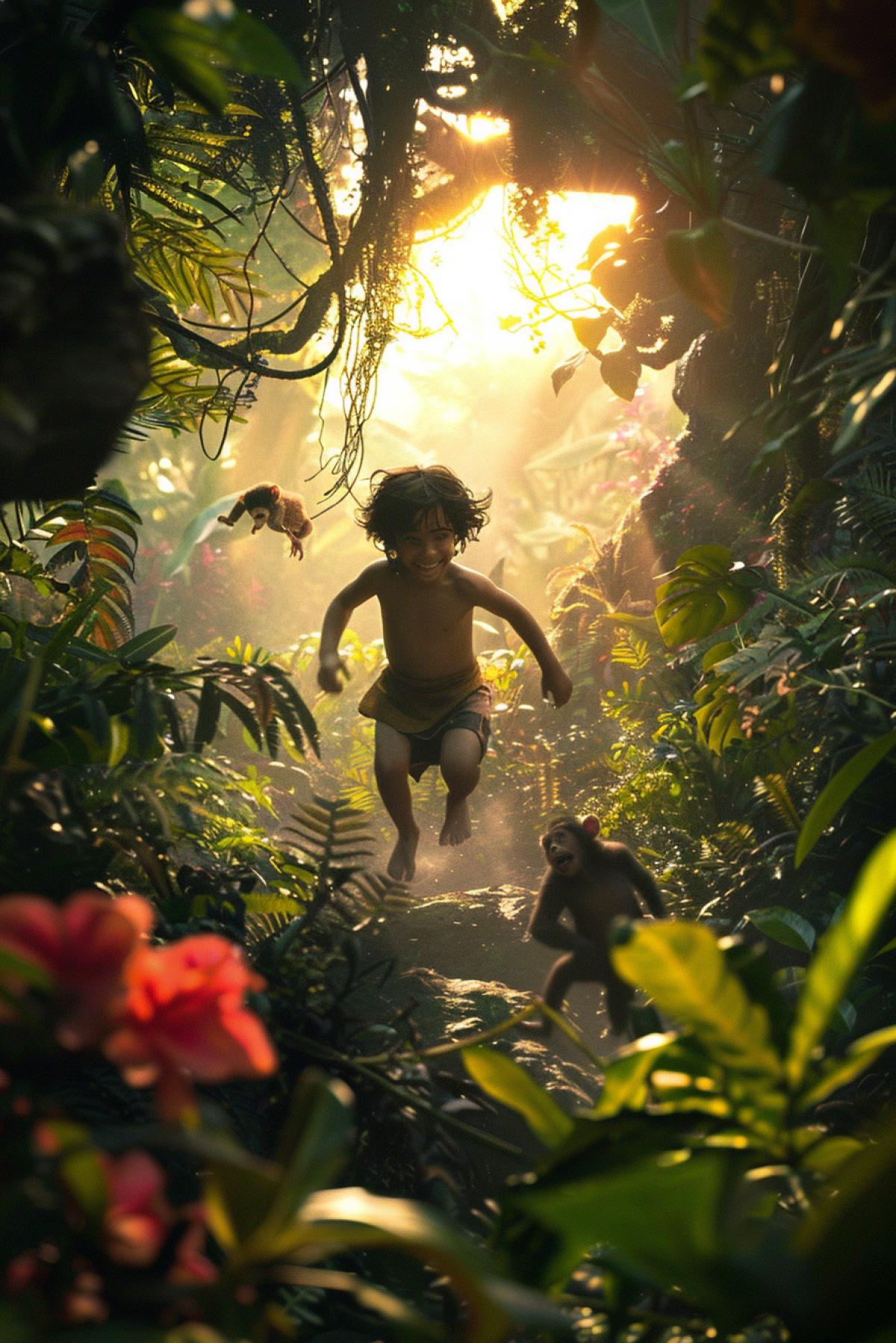 Kador from the film, Photo, Mowgli running through the dense jungle, surrounded by green vines and exotic plants, the sun breaks through the dense foliage, a play of shadows and light, monkeys are jumping around him, the silhouette of Baloo can be seen in the distance, in the foreground are bright flowers and tropical plants , middle plan Mowgli and monkeys, background dense jungle, atmosphere of adventure and freedom, feeling of movement and energy, natural harmony, wild nature.