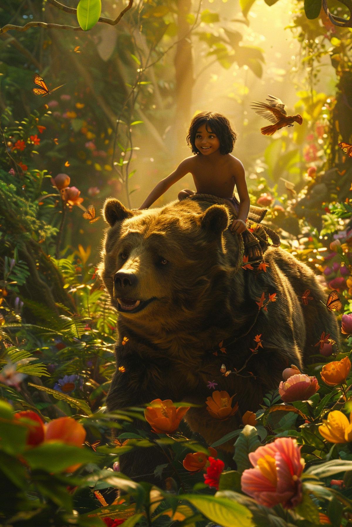 Still from the film, photo, Mowgli riding on the bear Baloo, traveling through the forest, Baloo smiles, enjoying the moment, Mowgli holds on to his neck, bright flowers and vines around, the suns rays pierce the thick foliage, birds soar in the air, butterflies circle over the flowers, foreground Baloo and Mowgli, middle ground bright vegetation, background the depth of the jungle, an atmosphere of joy and friendship, a sense of movement and fun, bright colors and natural beauty, wildlife.