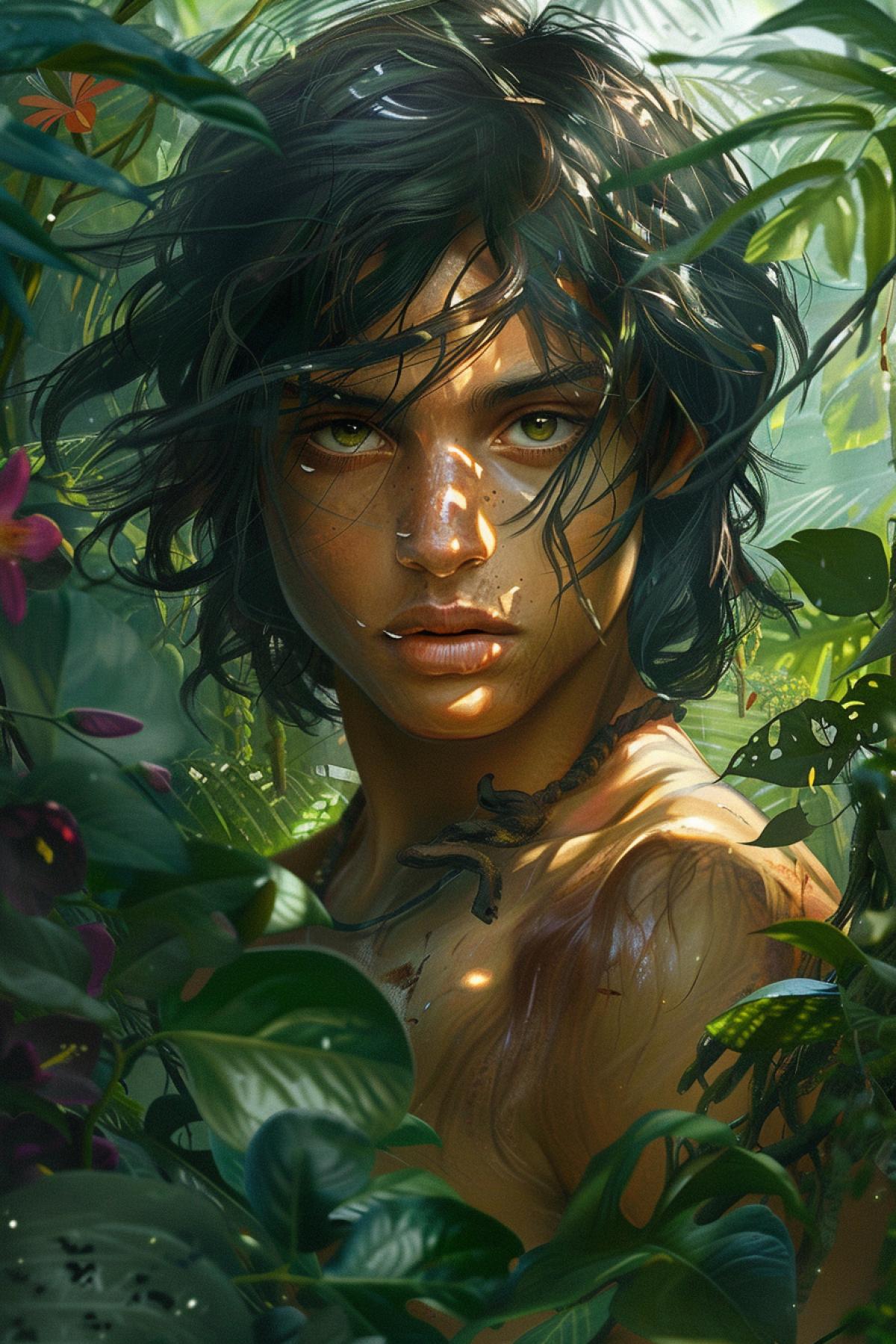 Mowgli, close-up portrait against the backdrop of a dense jungle, his face illuminated by the soft sunlight breaking through the foliage, large expressive eyes, dark hair, slightly tousled by the wind, traces of life in the wild are visible on his shoulders and arms, exotic plants, vines and flowers around him , deep shadows create contrast, the foreground is Mowglis face, the background is the blurred greenery of the jungle, an atmosphere of innocence and strength, a feeling of harmony with nature, bright colors, textures of foliage and skin, detailed drawing of facial features, soft focus on the background, emphasizing the main character, high quality photo