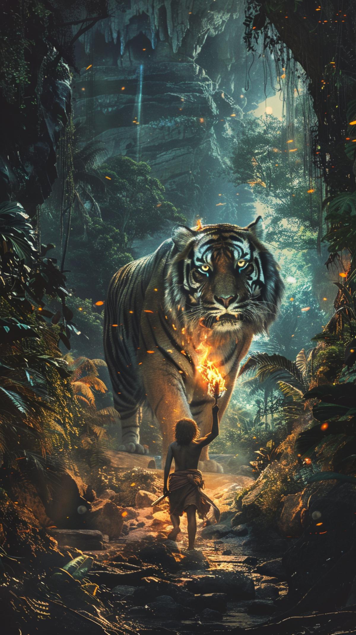 Mowgli, looking out of a cave, drives away a ferocious and evil tiger standing on the street with a torch, impenetrable jungle, scary atmosphere