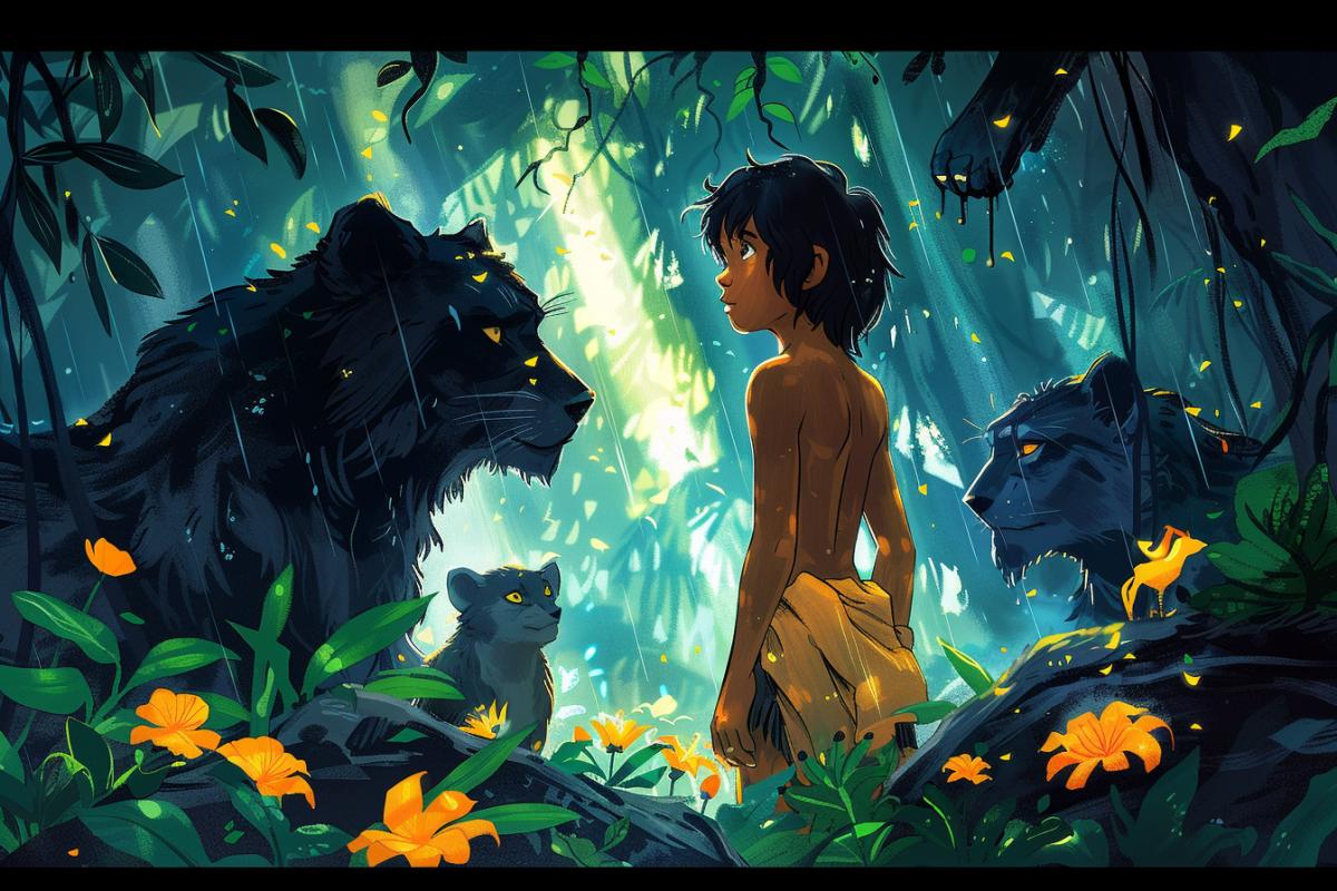 A realistic illustration of Mowgli, the young boy raised by wolves, standing confidently in the dense jungle. Mowglis appearance is vibrant with dark hair and tan skin, wearing a simple loincloth. He is surrounded by lush green foliage, towering trees, and various jungle animals like Bagheera the dark panther and Baloo the bear. The background shows a mystical, sun-dappled jungle with beams of sunlight filtering through the canopy. Detailed plants and exotic flowers add depth. Soft, natural light enhances the colors and shadows, creating a serene yet adventurous atmosphere. Created Using: intricate line work, vibrant color palette, classical illustration style, high detail, lush texture, natural lighting, shadow play, realistic rendering
