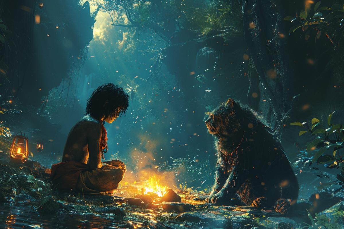 An artistic portrayal of Mowgli in the heart of the jungle, sitting by a campfire with Baloo and Bagheera. The firelight casts warm glows on their faces, contrasting with the dark, dense jungle surrounding them. The background includes towering trees, thick underbrush, and the hint of nocturnal wildlife. The stars are faintly visible through the canopy. The scene evokes a sense of camaraderie and mystery. Created Using: soft lighting techniques, warm color palette, detailed character expressions, intricate foliage, chiaroscuro effect, night-time ambiance, realistic textures, classical art influences