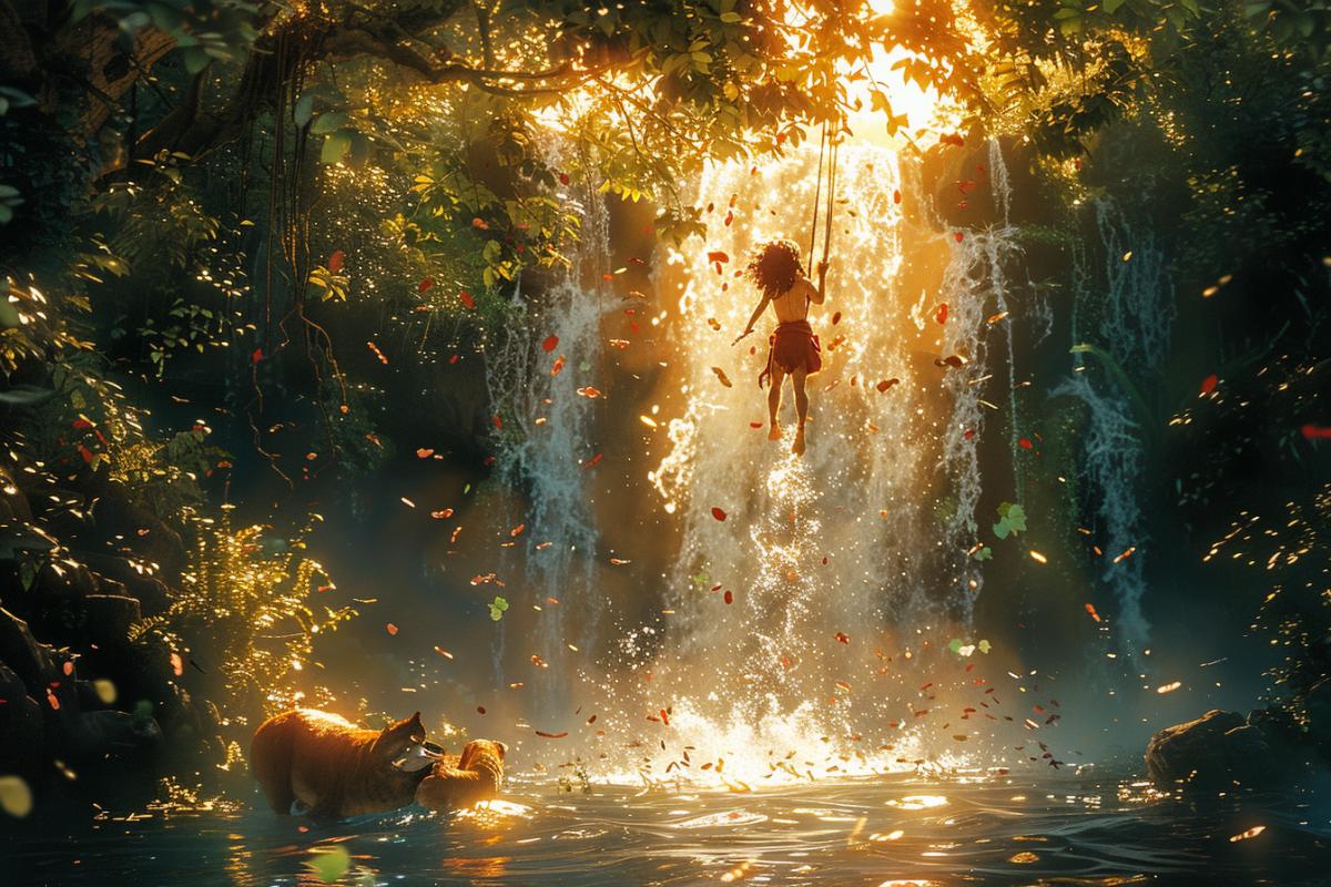 A dynamic illustration of Mowgli swinging from a vine in the jungle, capturing his adventurous spirit. The scene is full of movement, with leaves rustling and animals reacting to his presence. The background features a waterfall cascading into a river, surrounded by lush vegetation. Bright sunlight filters through the trees, highlighting Mowgli and the vibrant greenery. Created Using: dynamic action 4ks, rich color contrasts, detailed background elements, fluid motion depiction, sunlight interplay, realistic water effects, textural detail, vivid realism