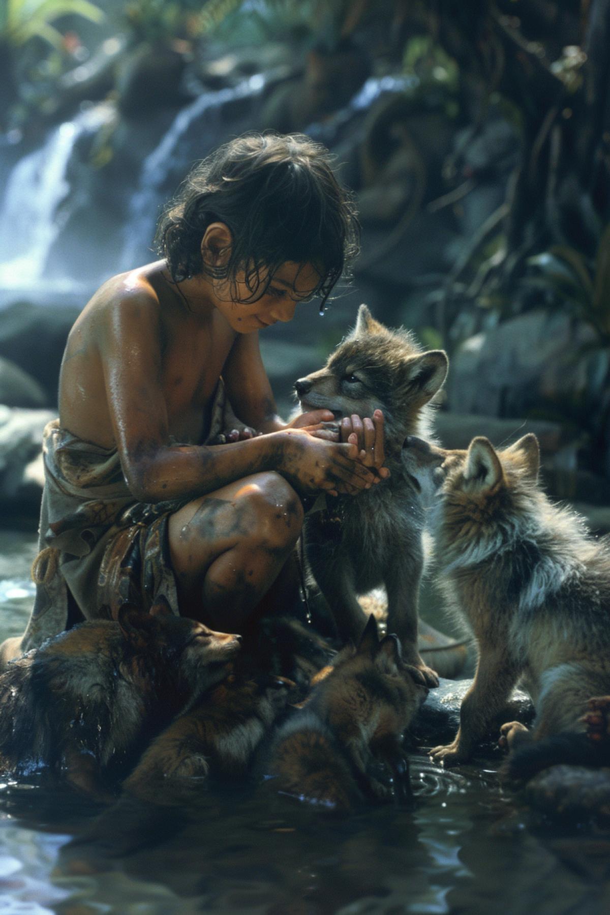 The scene from Kiplings story is Mowgli. Mowgli plays with the wolf cubs while being raised by the bear